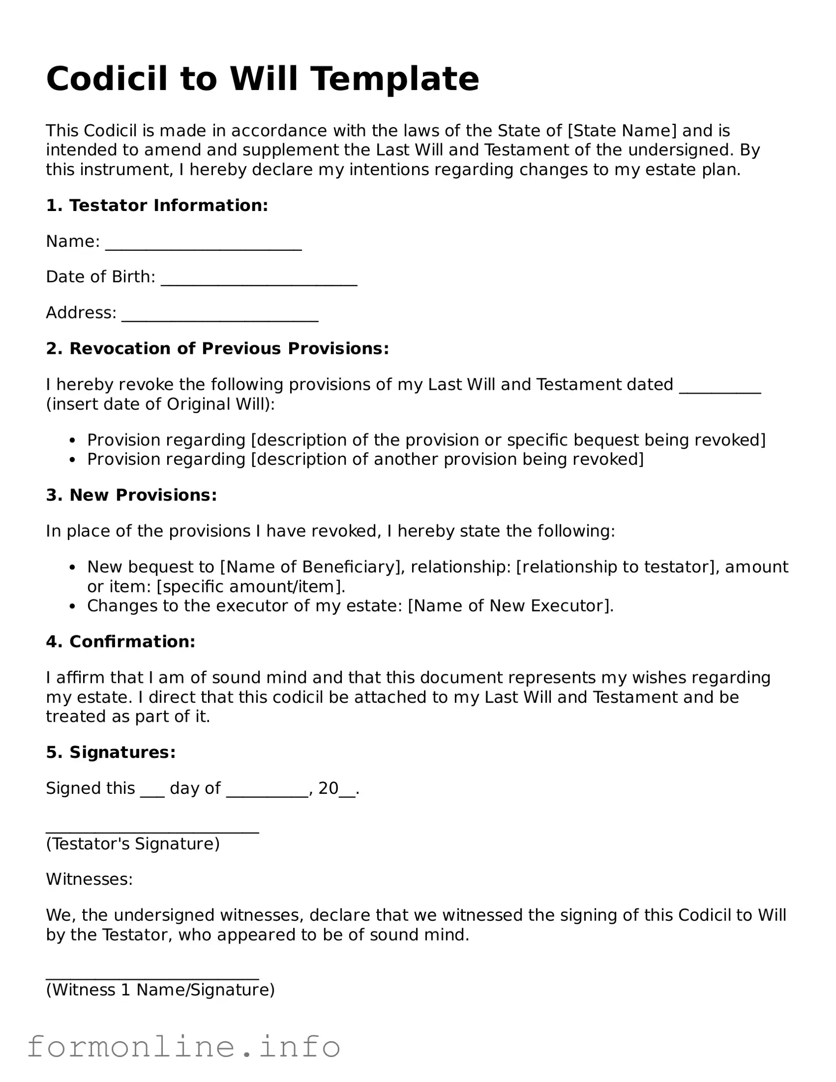 Printable Codicil to Will Form
