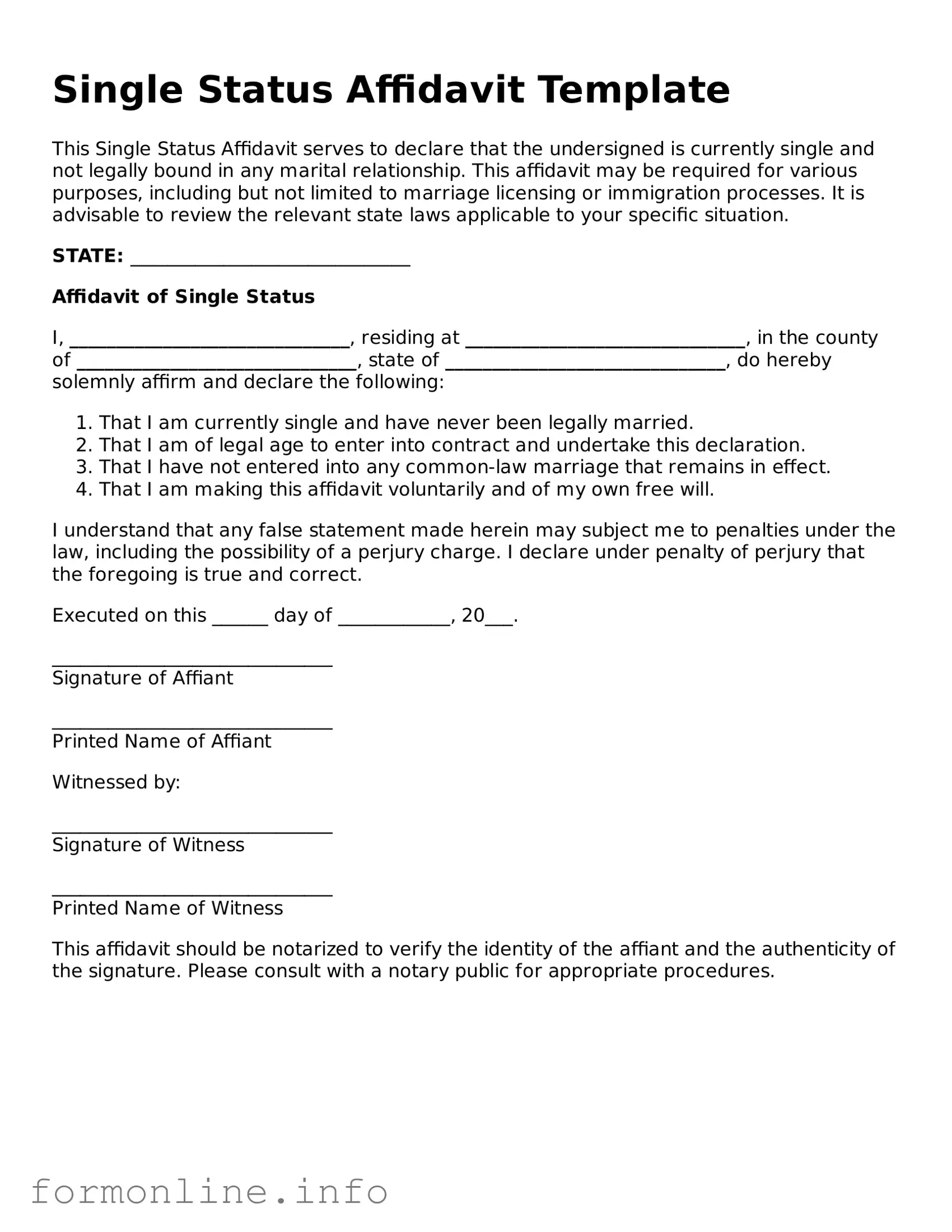 Printable Single Status Affidavit Form