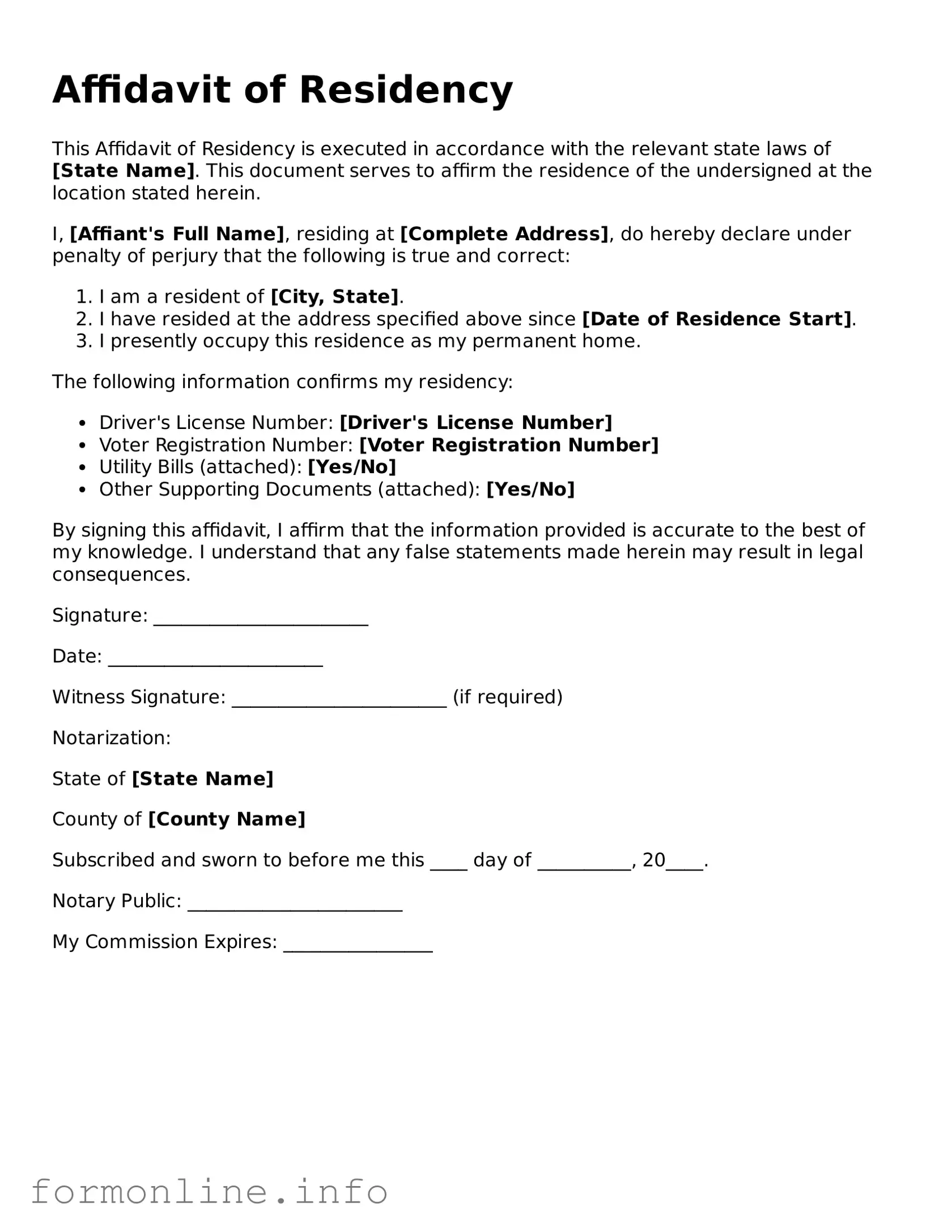 Printable Affidavit of Residency Form