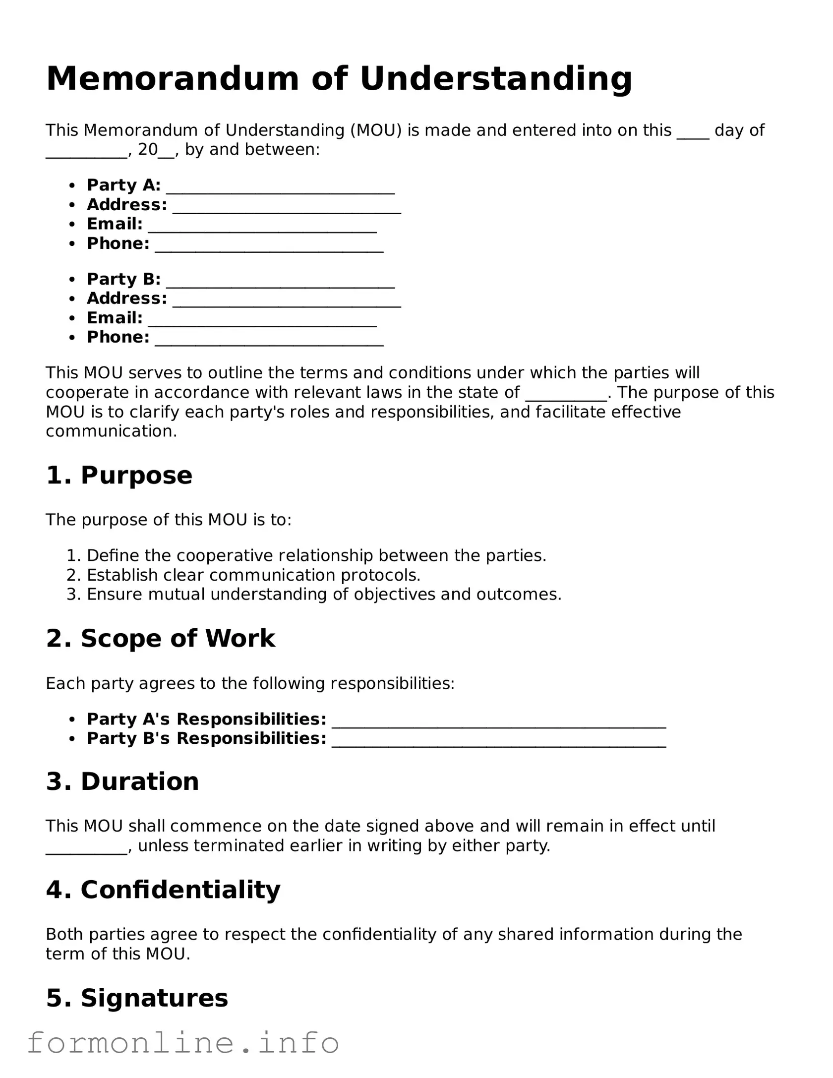 Printable Memorandum of Understanding Form