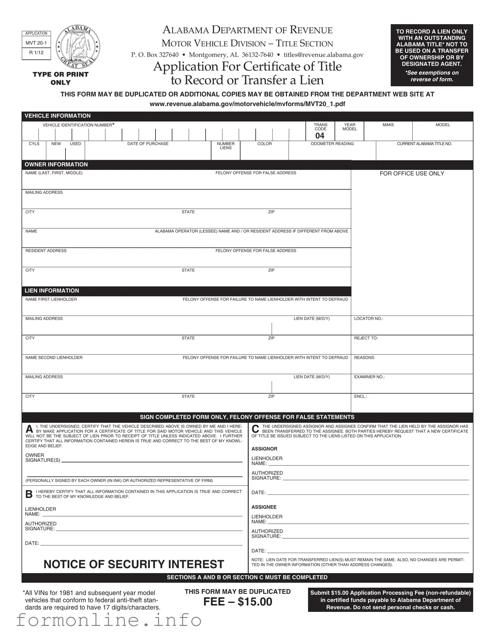 Fill Out a Valid Alabama Mvt 20 1 Form
