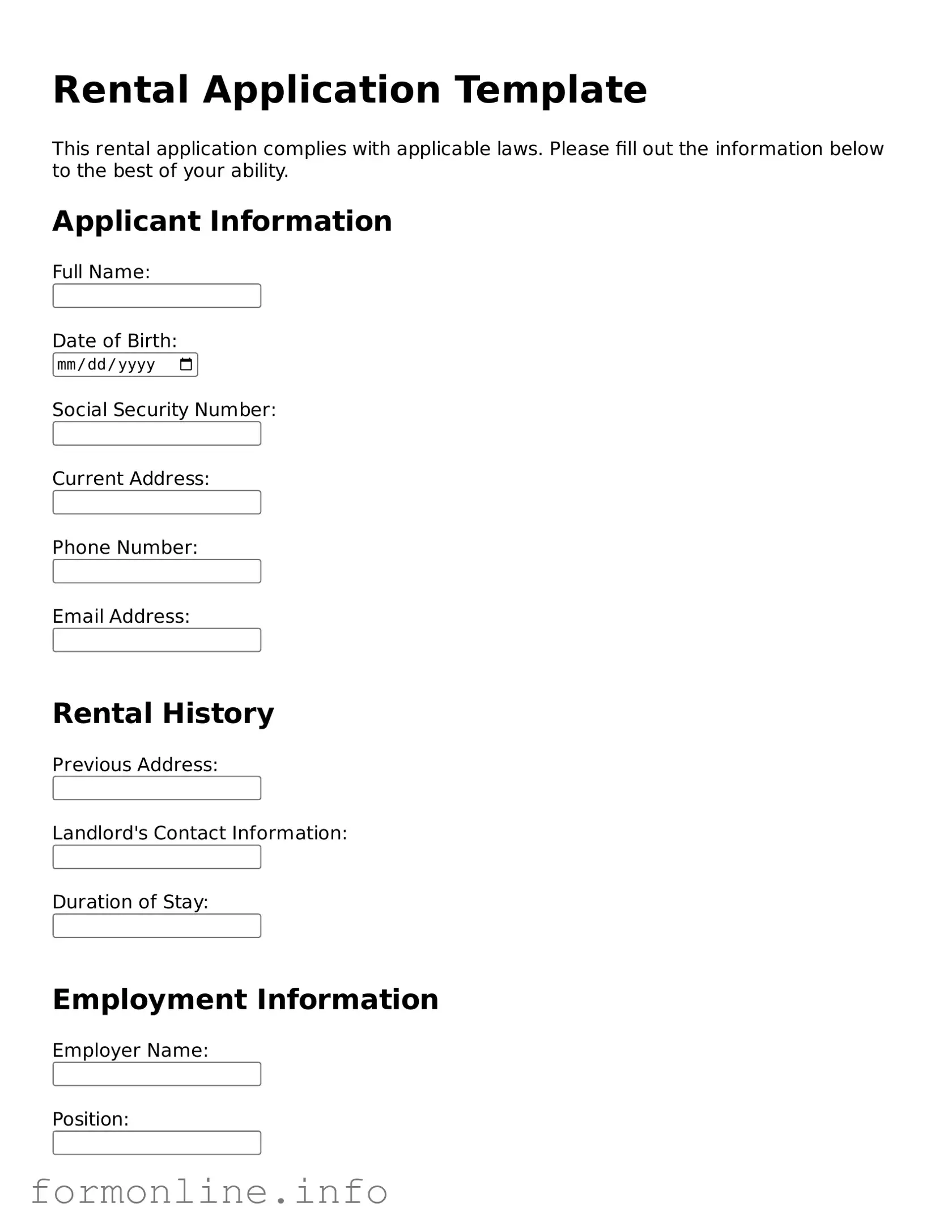 Printable Rental Application Form