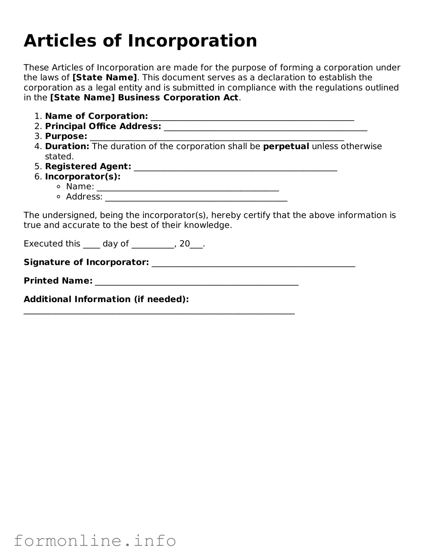 Printable Articles of Incorporation Form