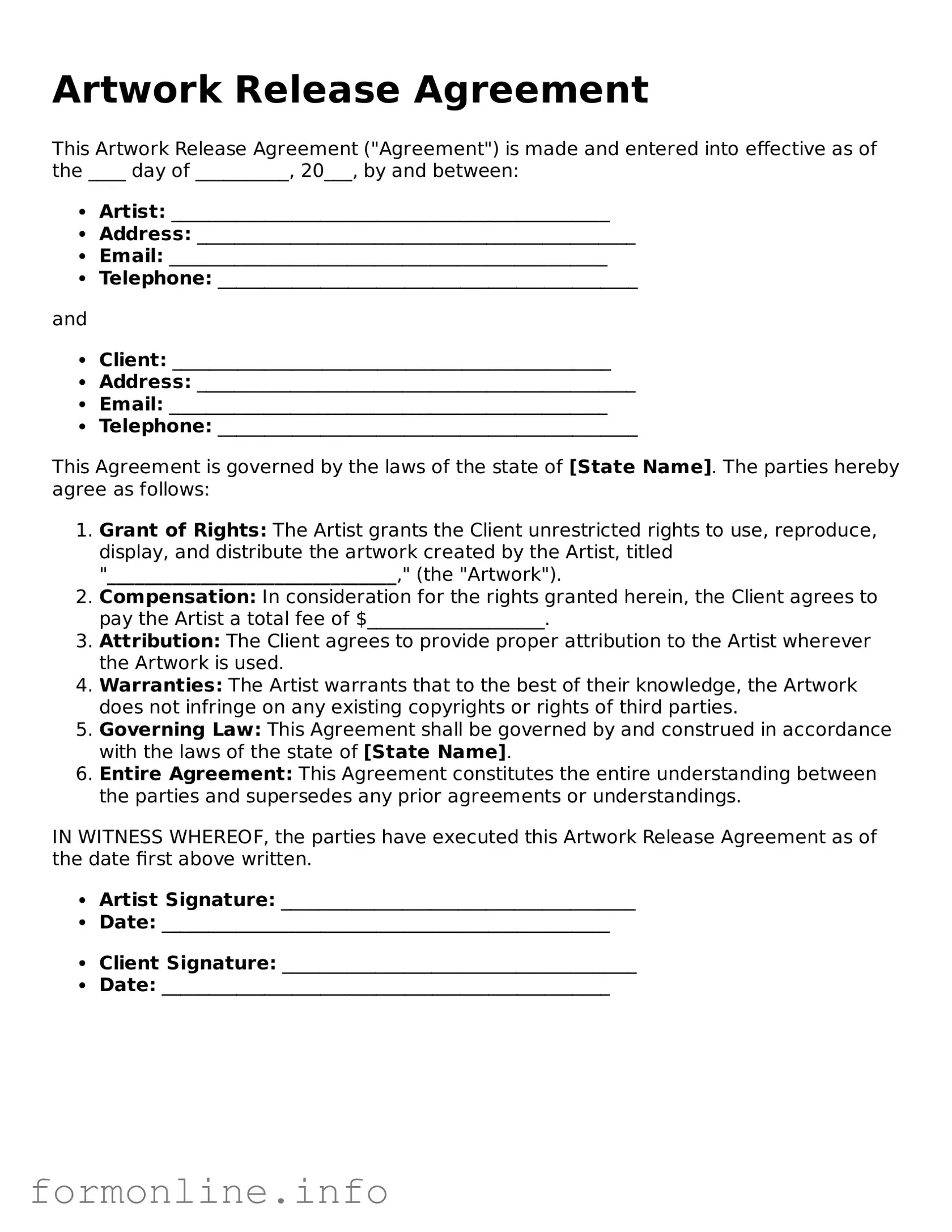 Printable Artwork Release Form