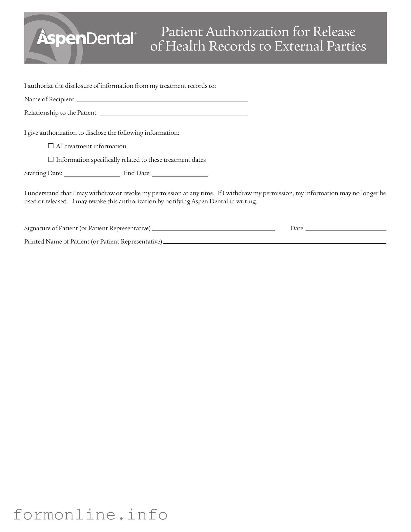Fill Out a Valid Aspen Dental Health Information Release Form