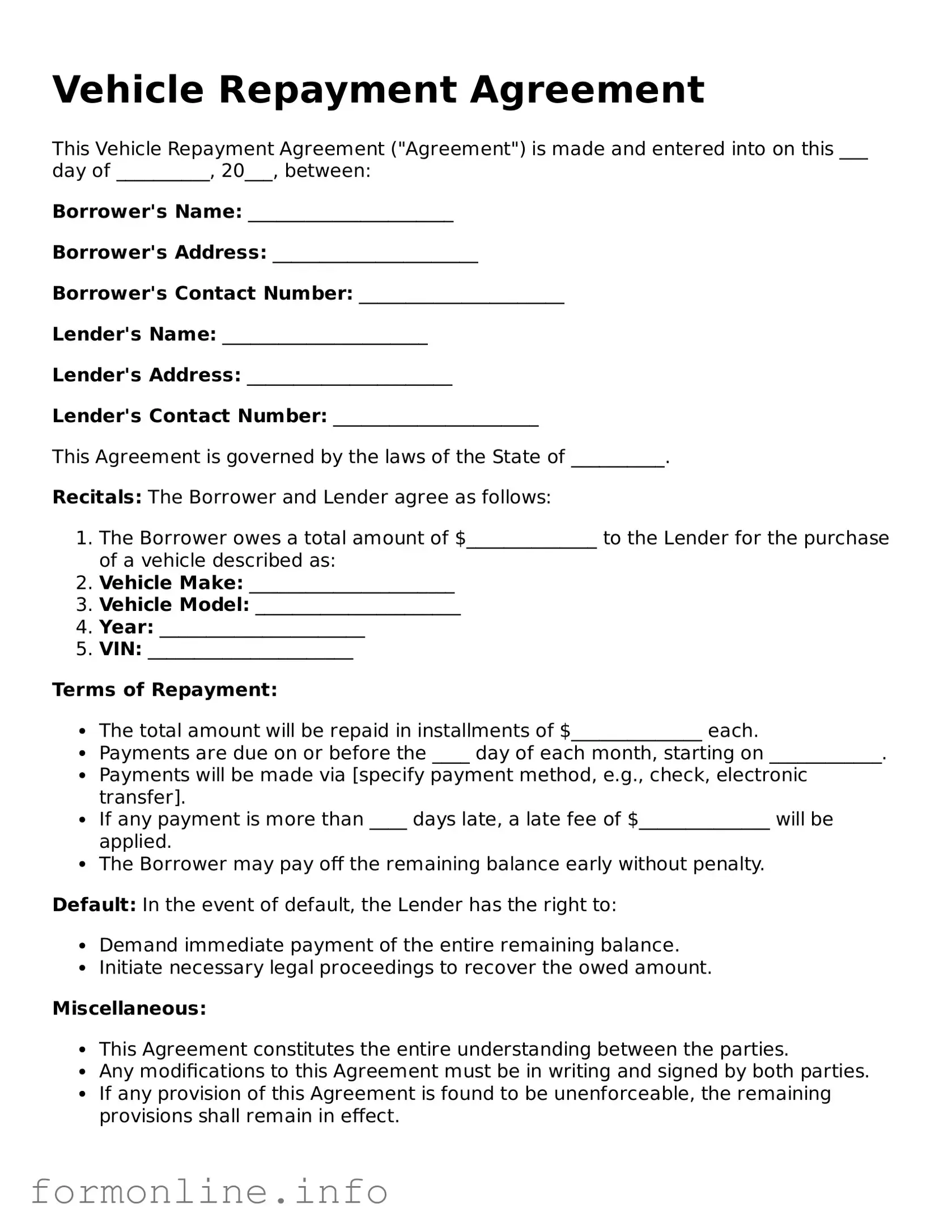 Printable Vehicle Repayment Agreement Form