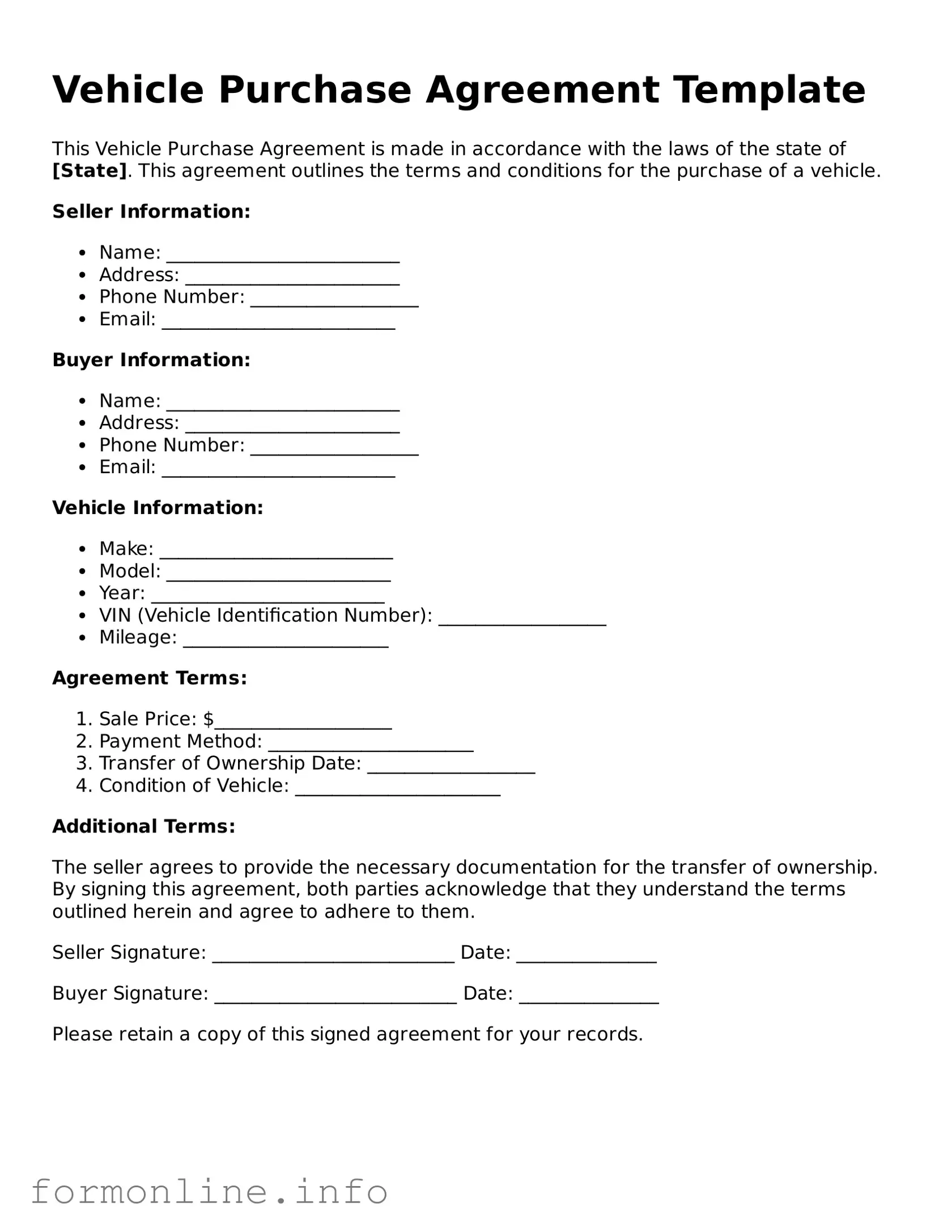 Printable Vehicle Purchase Agreement Form
