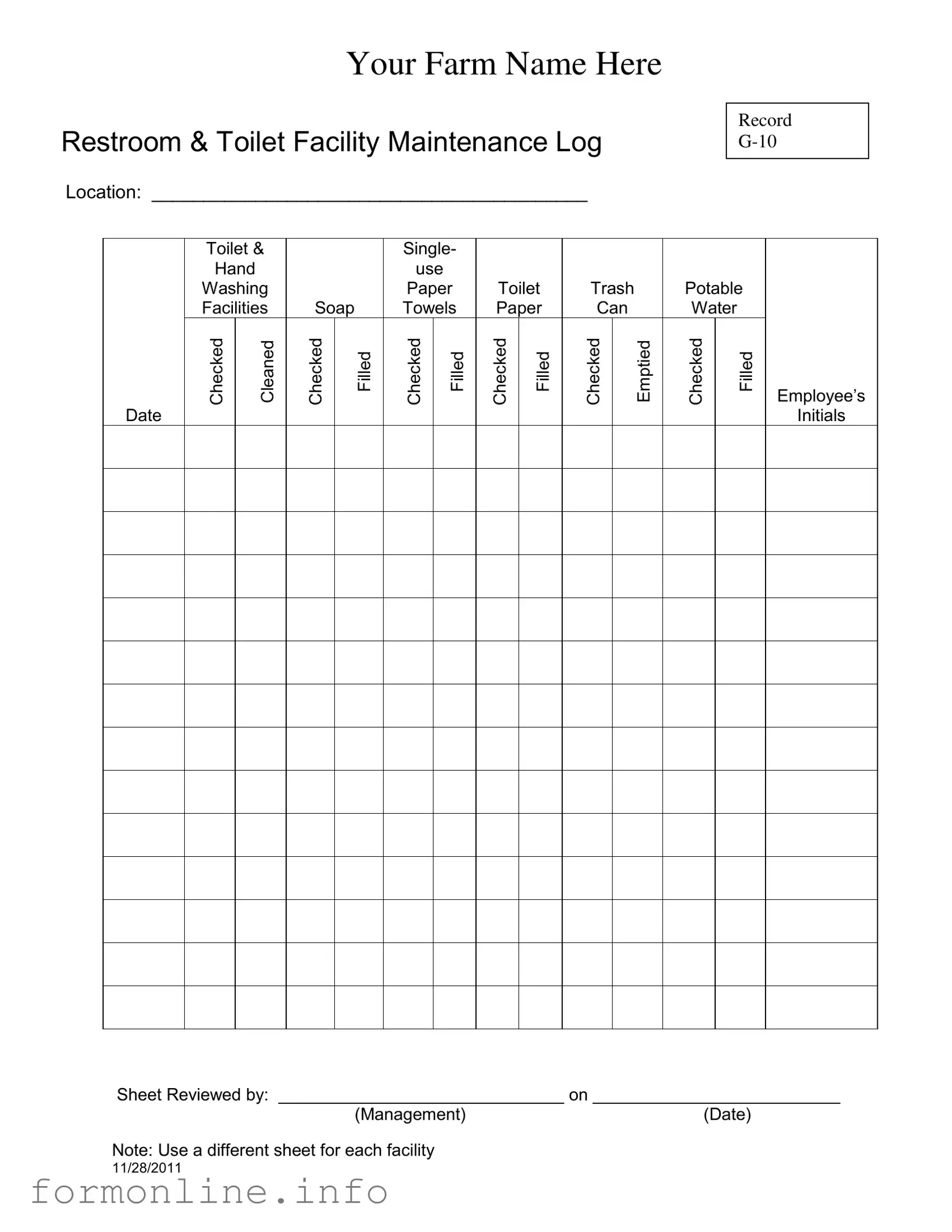 Fill Out a Valid Bathroom Cleaning Log Sheet Form
