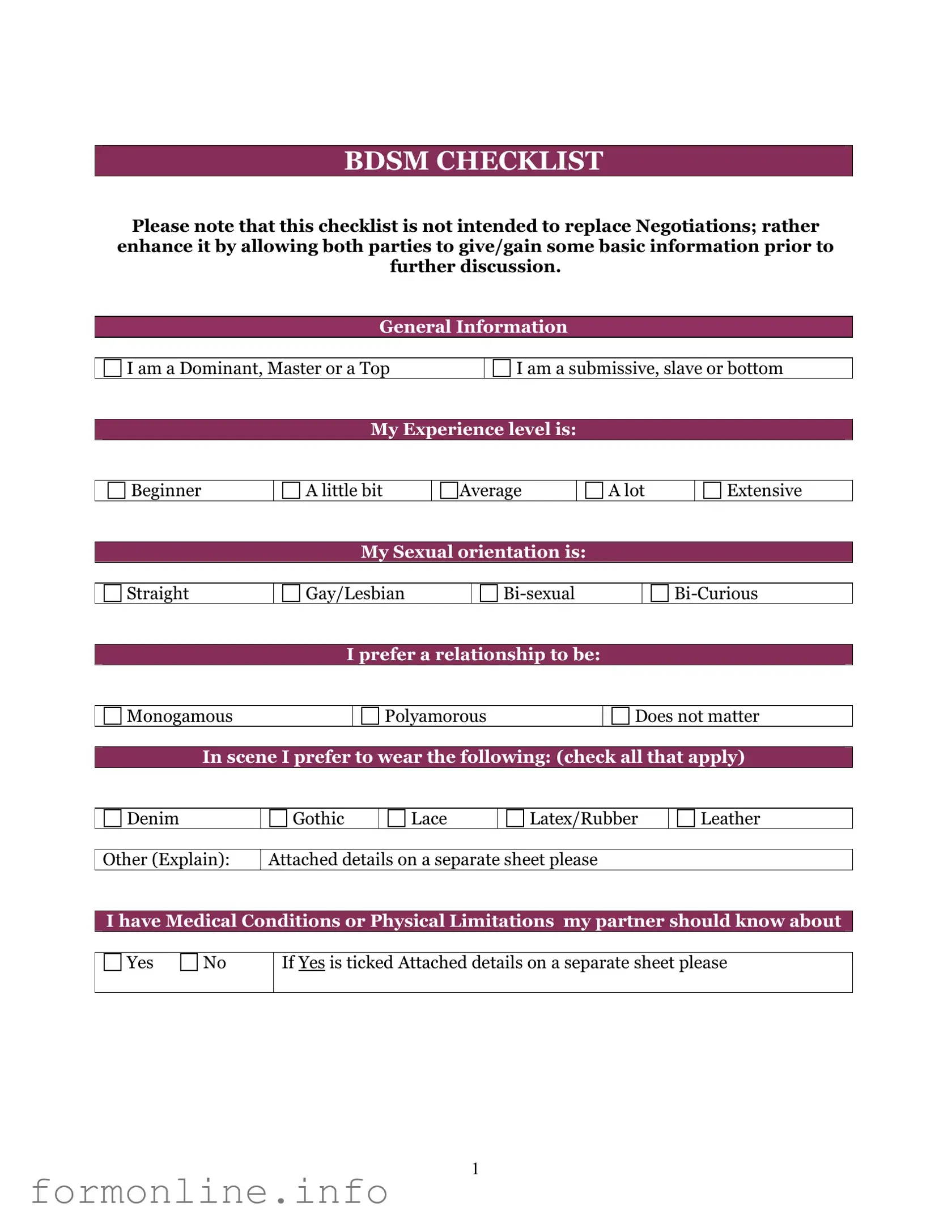 Fill Out a Valid Bdsm Checklist Form