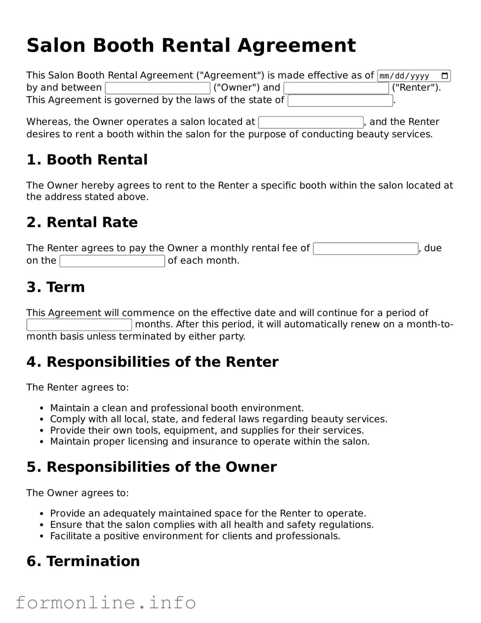 Printable Salon Booth Rental Agreement Form