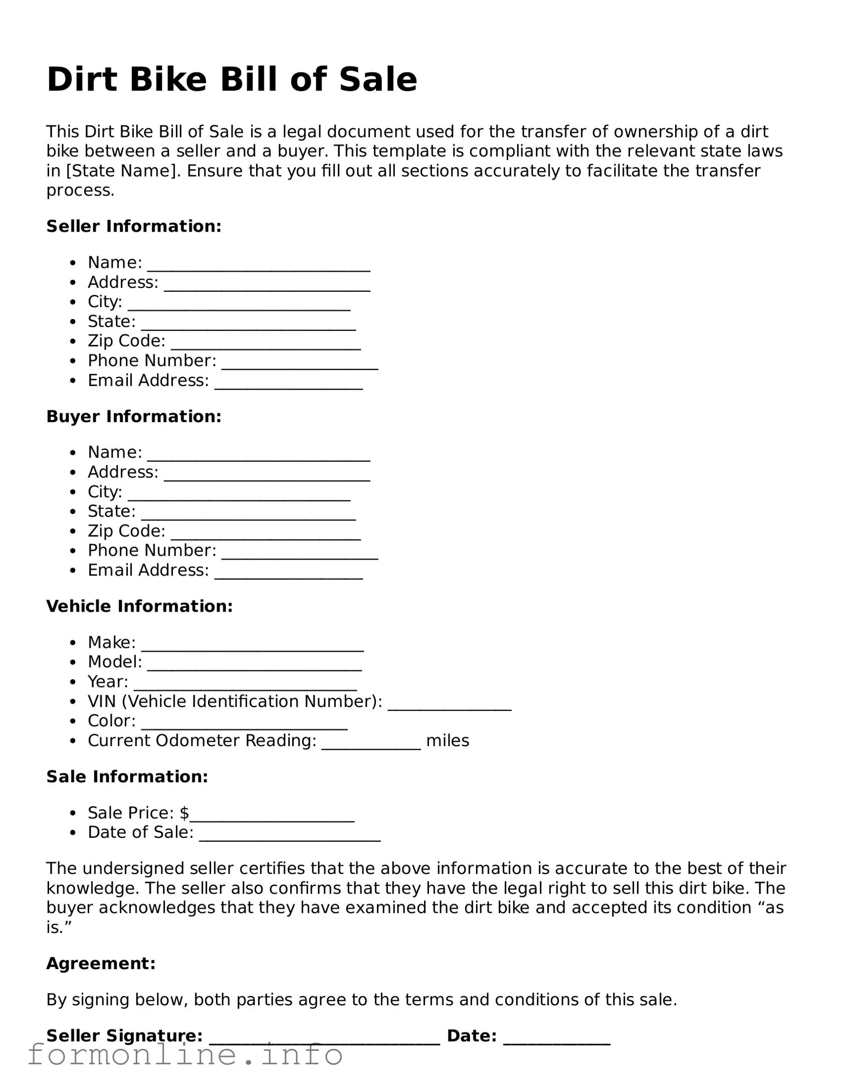 Printable Dirt Bike Bill of Sale Form