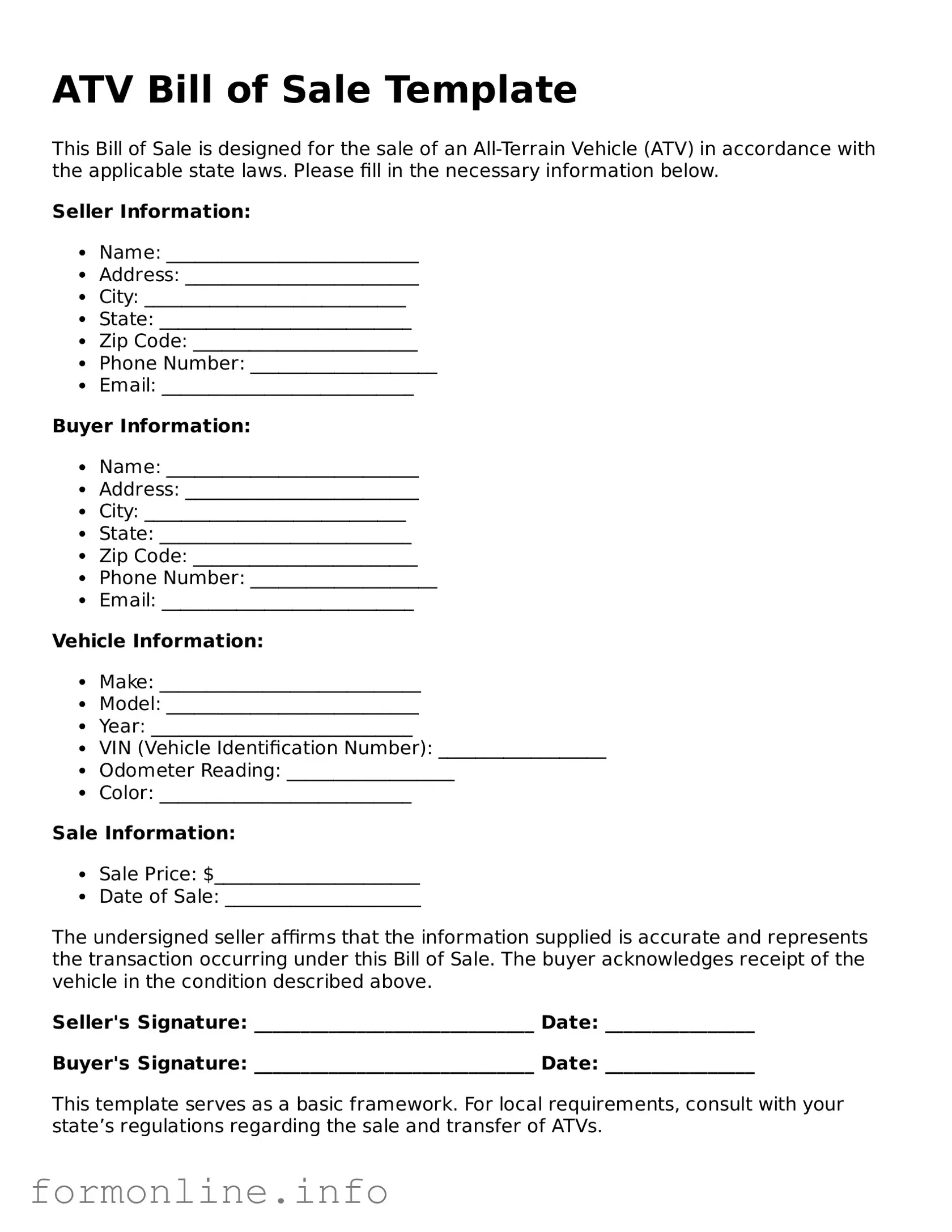 Printable ATV Bill of Sale Form