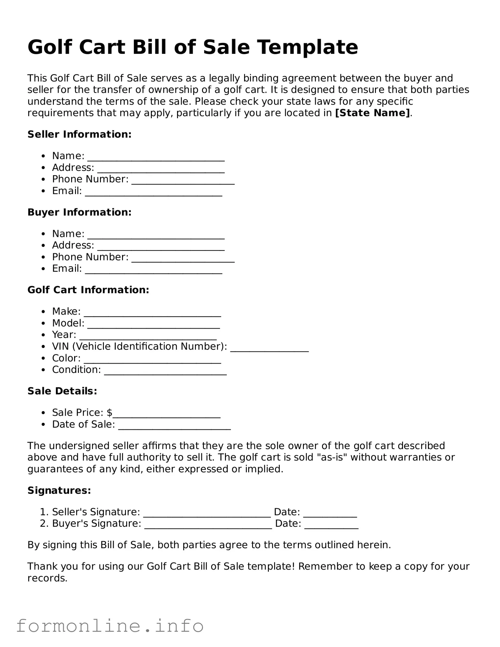 Printable Golf Cart Bill of Sale Form
