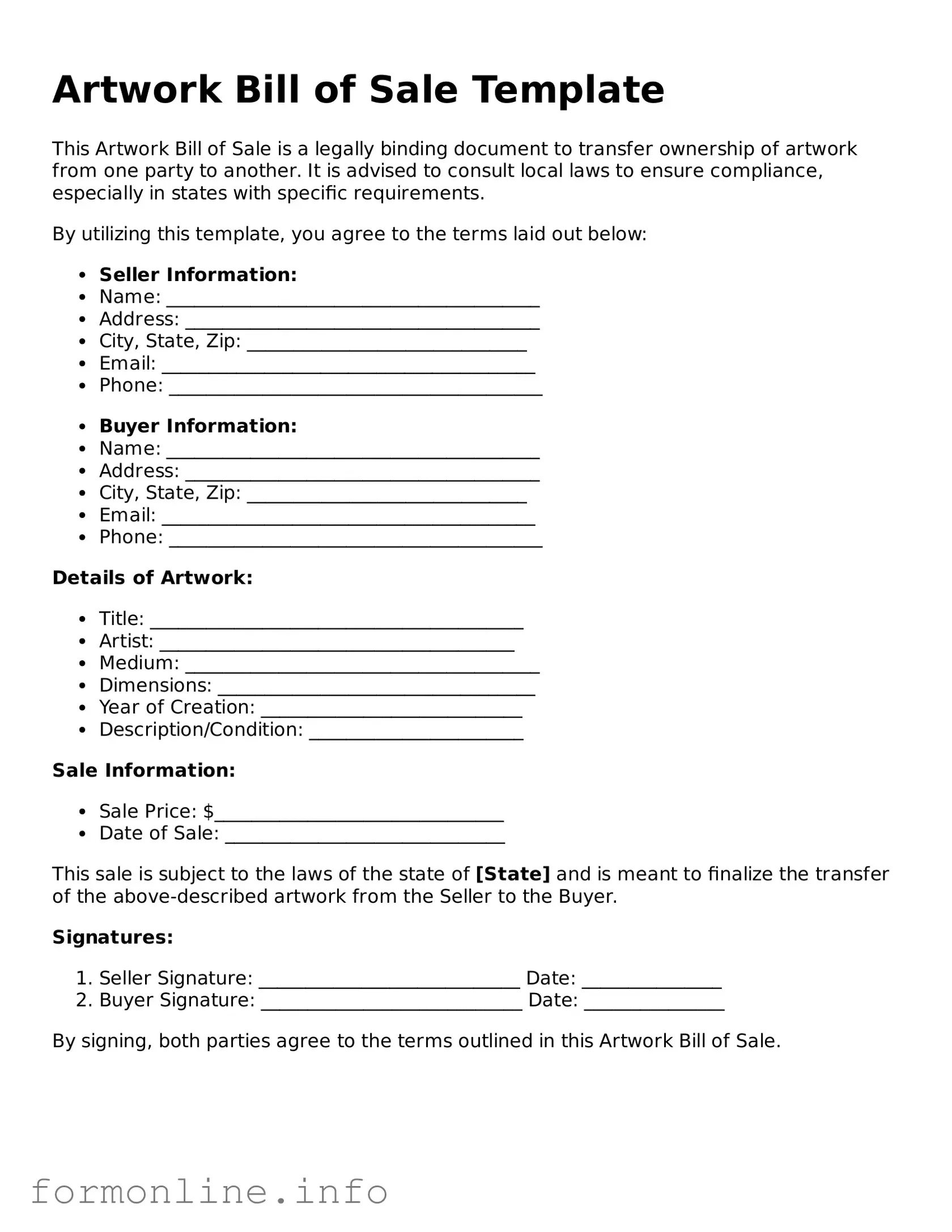 Printable Artwork Bill of Sale Form