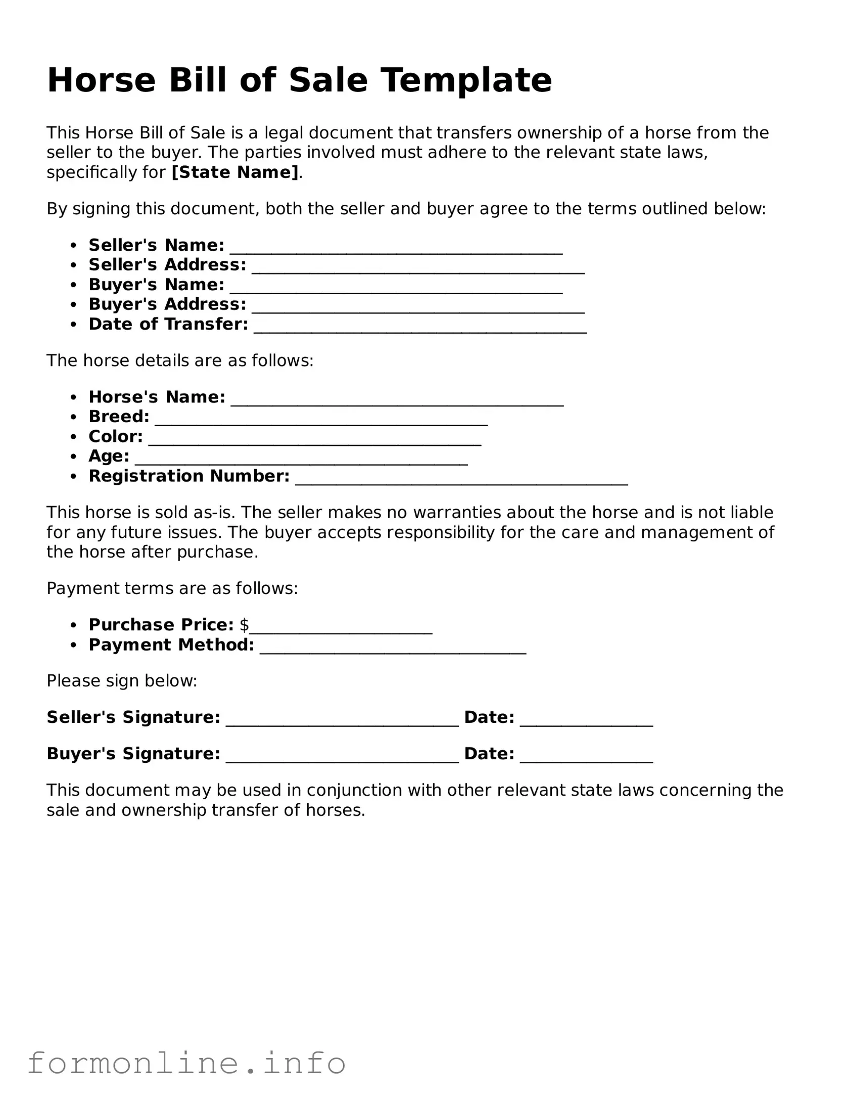 Printable Horse Bill of Sale Form