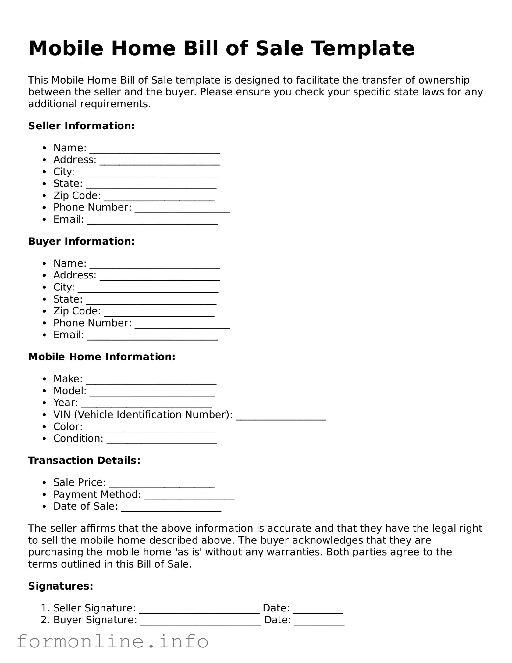 Printable Mobile Home Bill of Sale Form