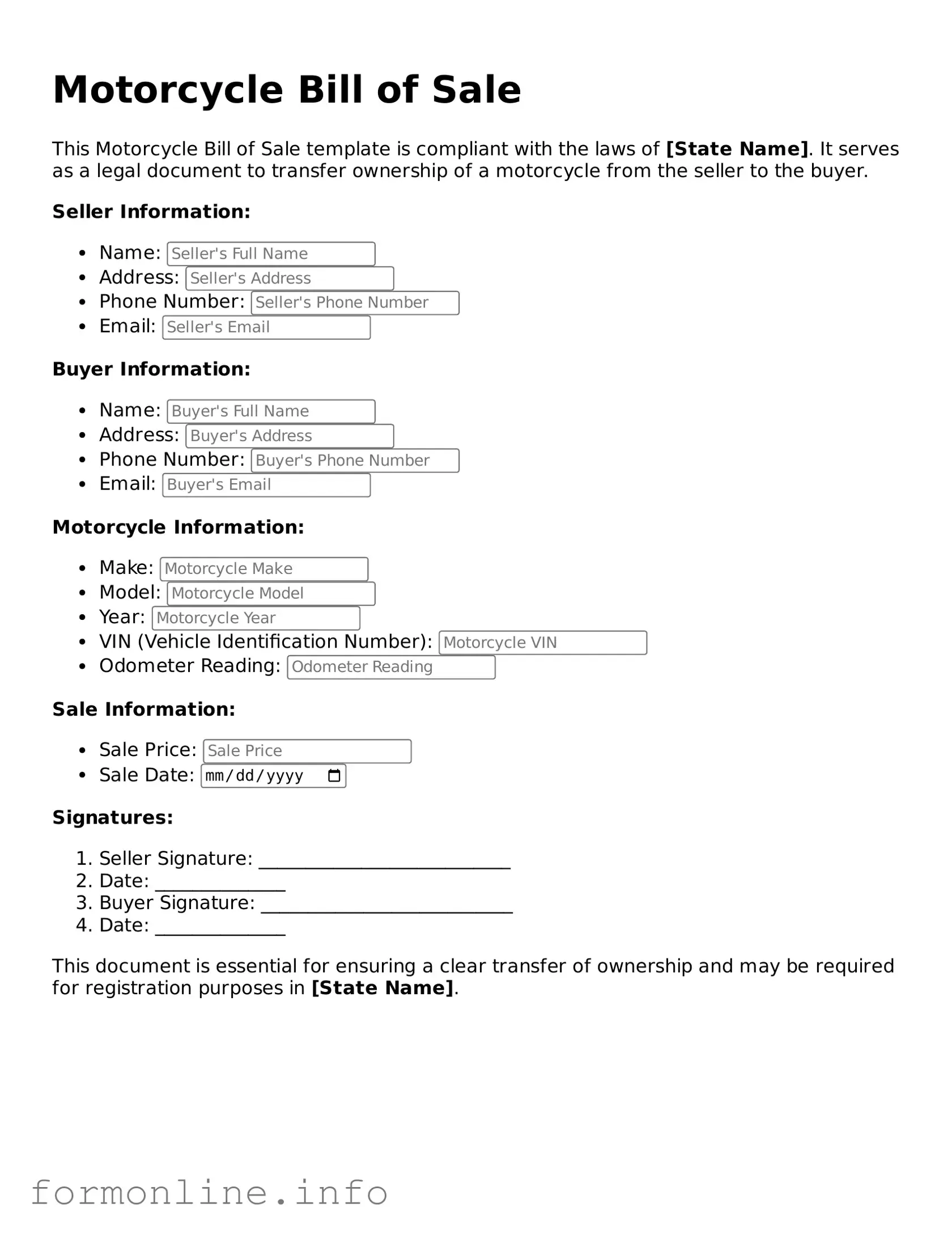 Printable Motorcycle Bill of Sale Form
