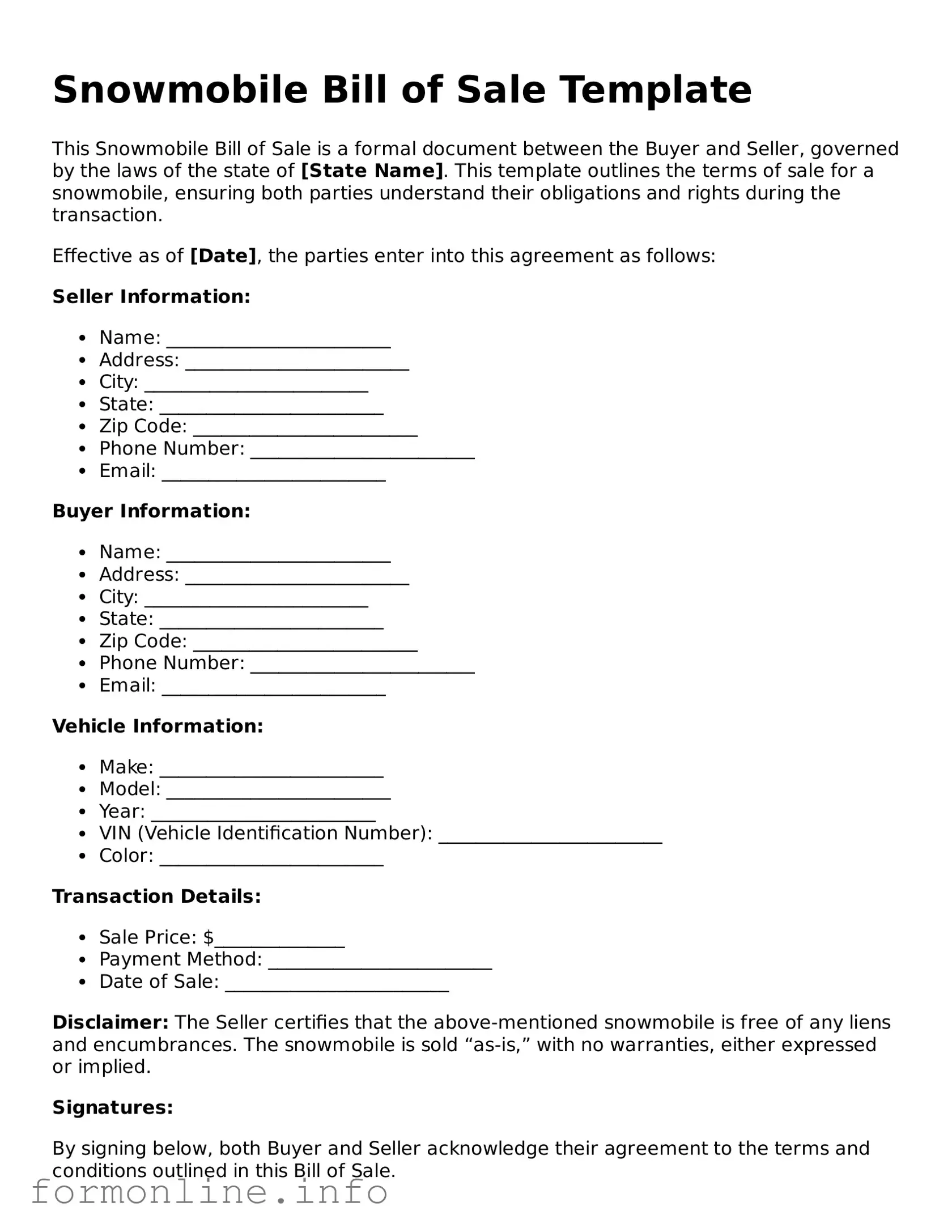 Printable Snowmobile Bill of Sale Form