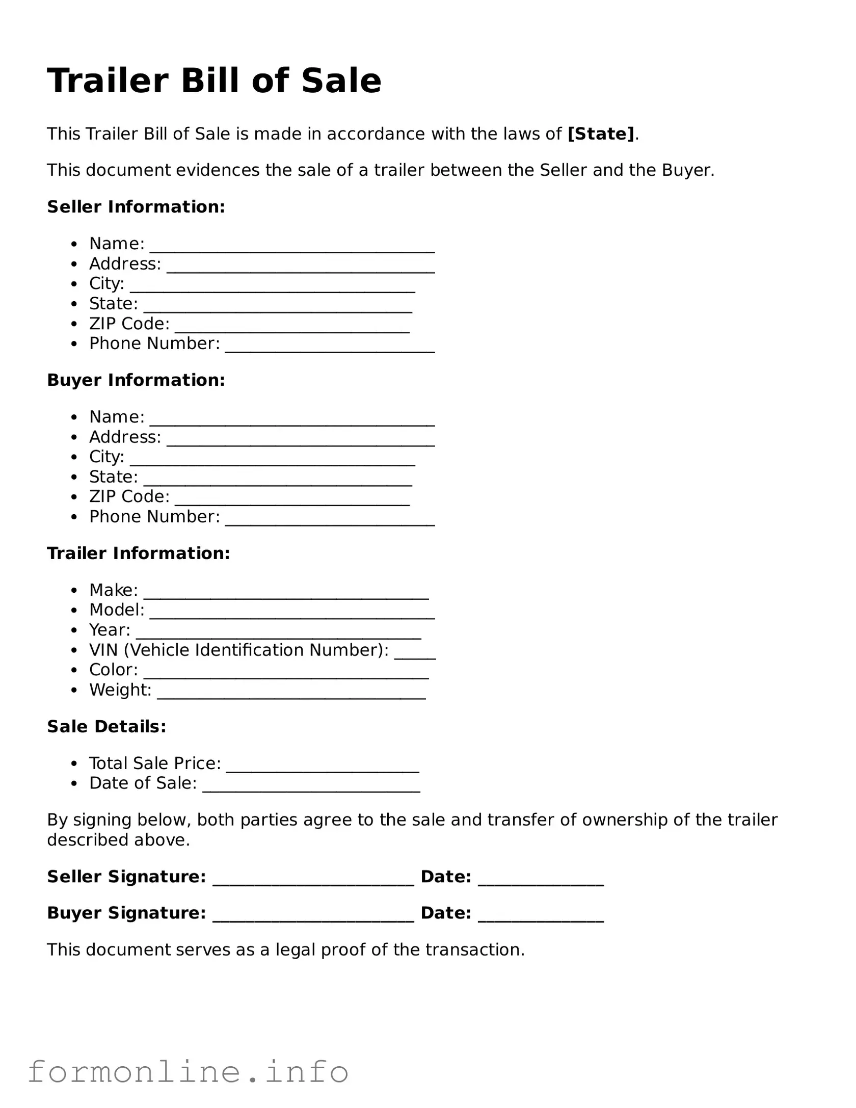 Printable Trailer Bill of Sale Form