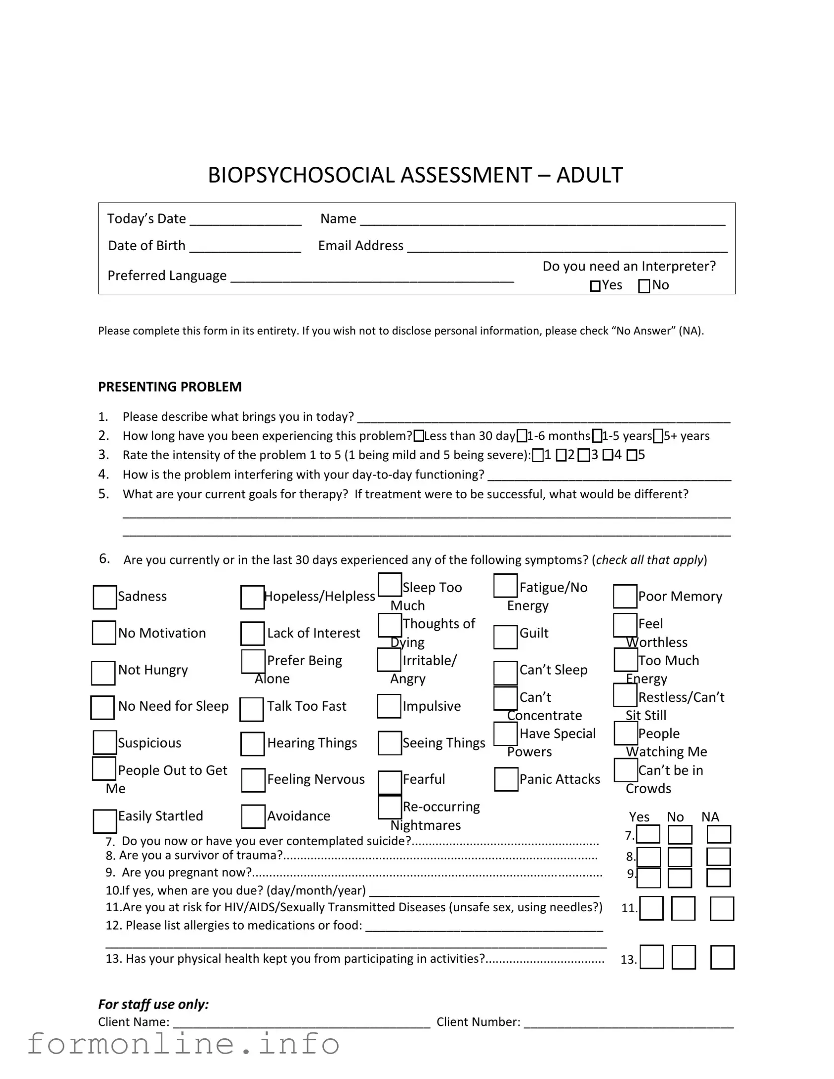 Fill Out a Valid Biopsychosocial Assessment Social Work Form
