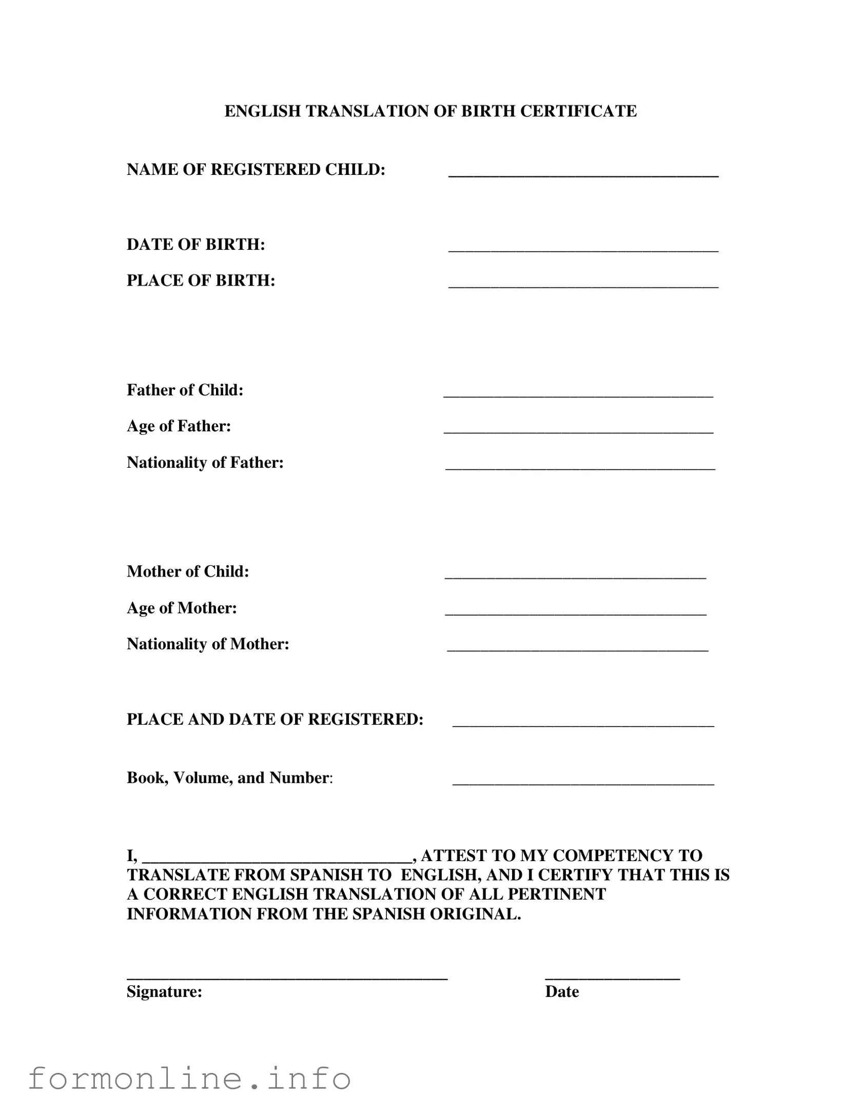 Fill Out a Valid Birth Certificate Translation To English Form