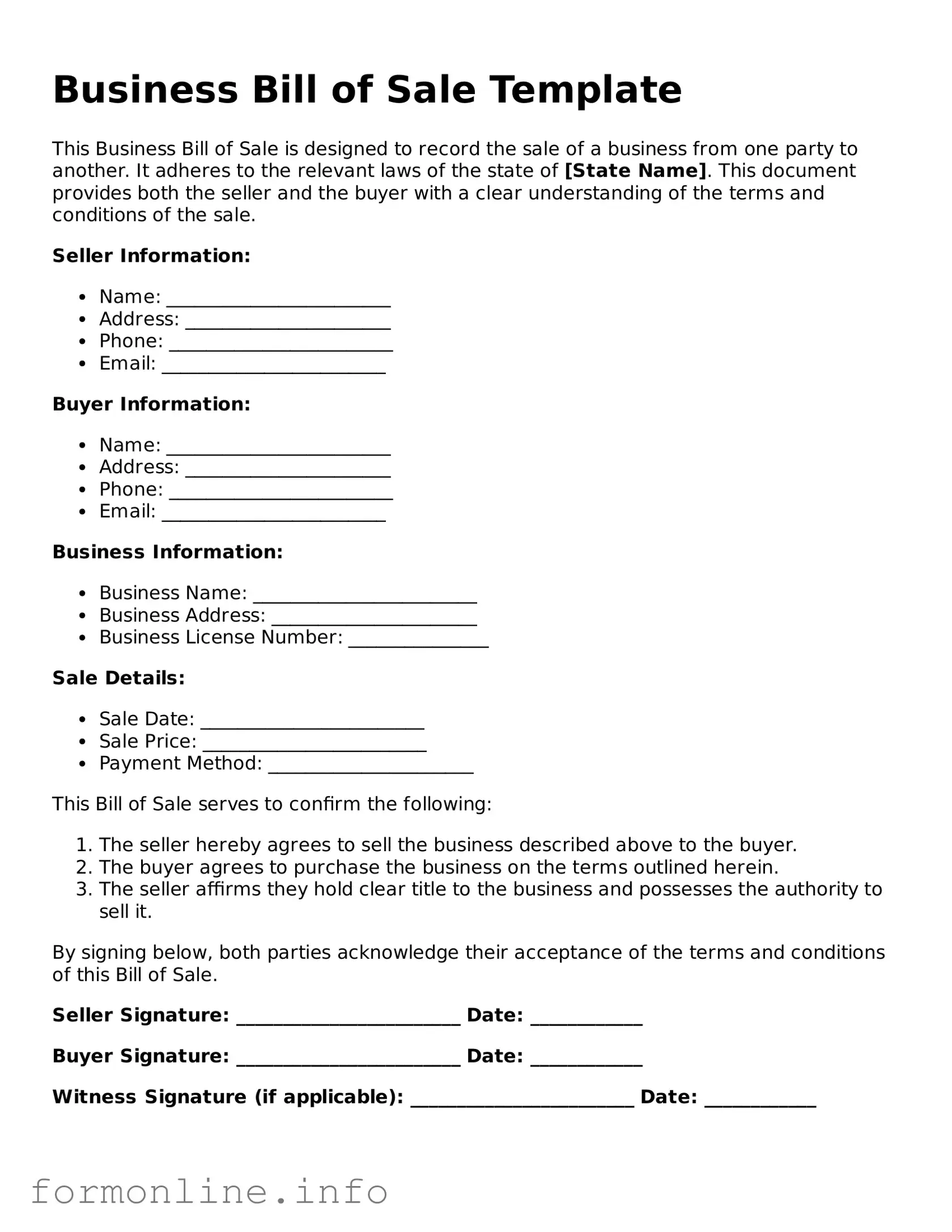 Printable Business Bill of Sale Form
