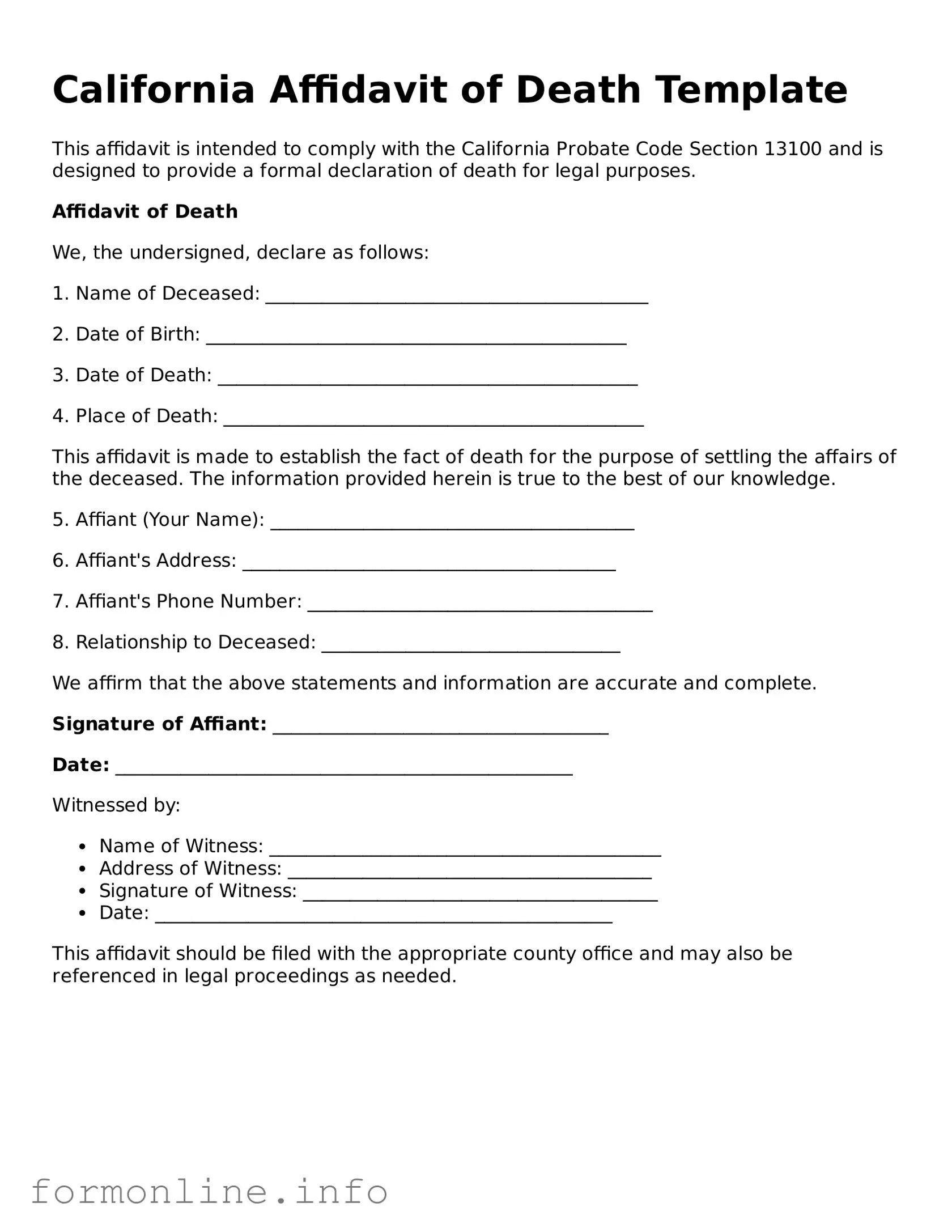 Free Affidavit of Death Template for California State