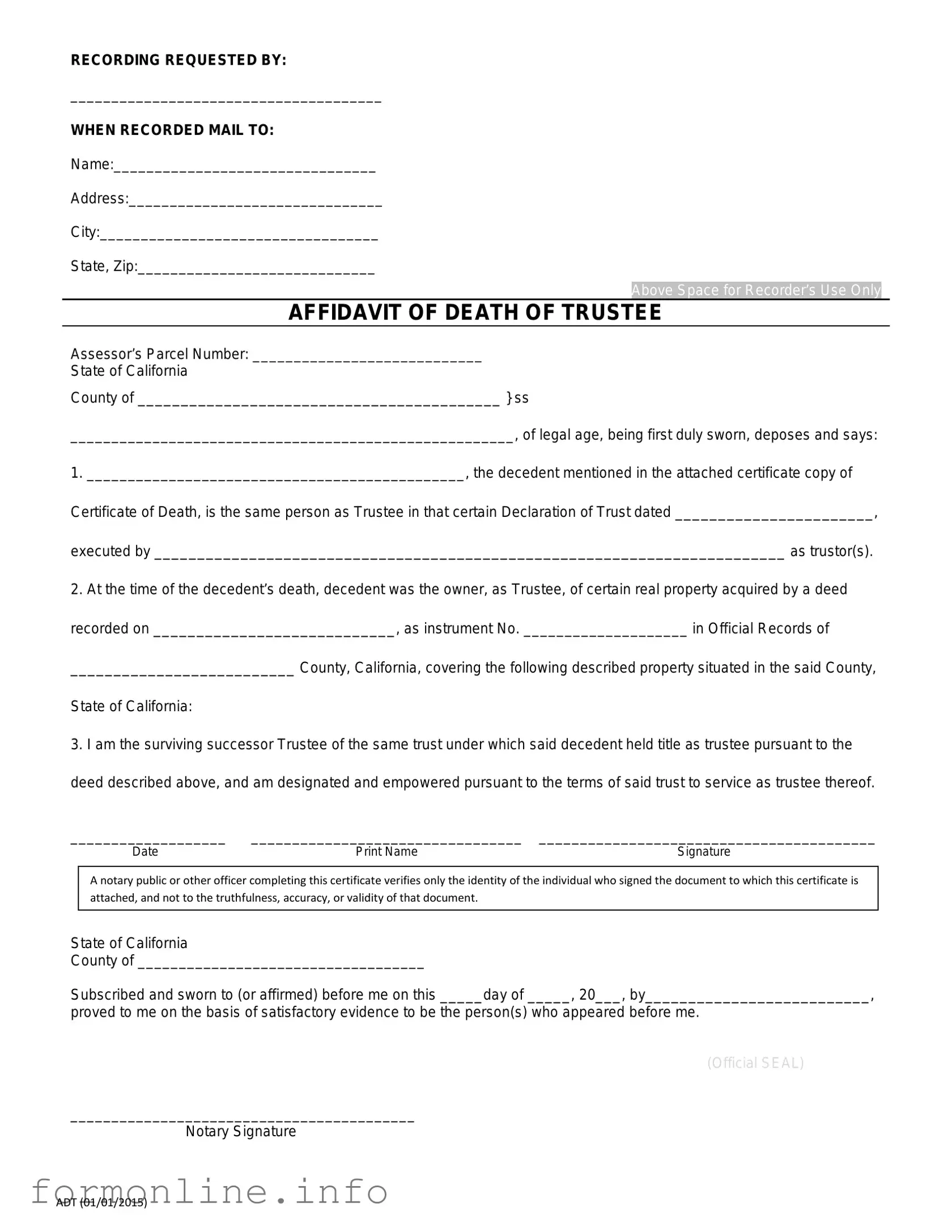 Fill Out a Valid California Affidavit of Death of a Trustee Form