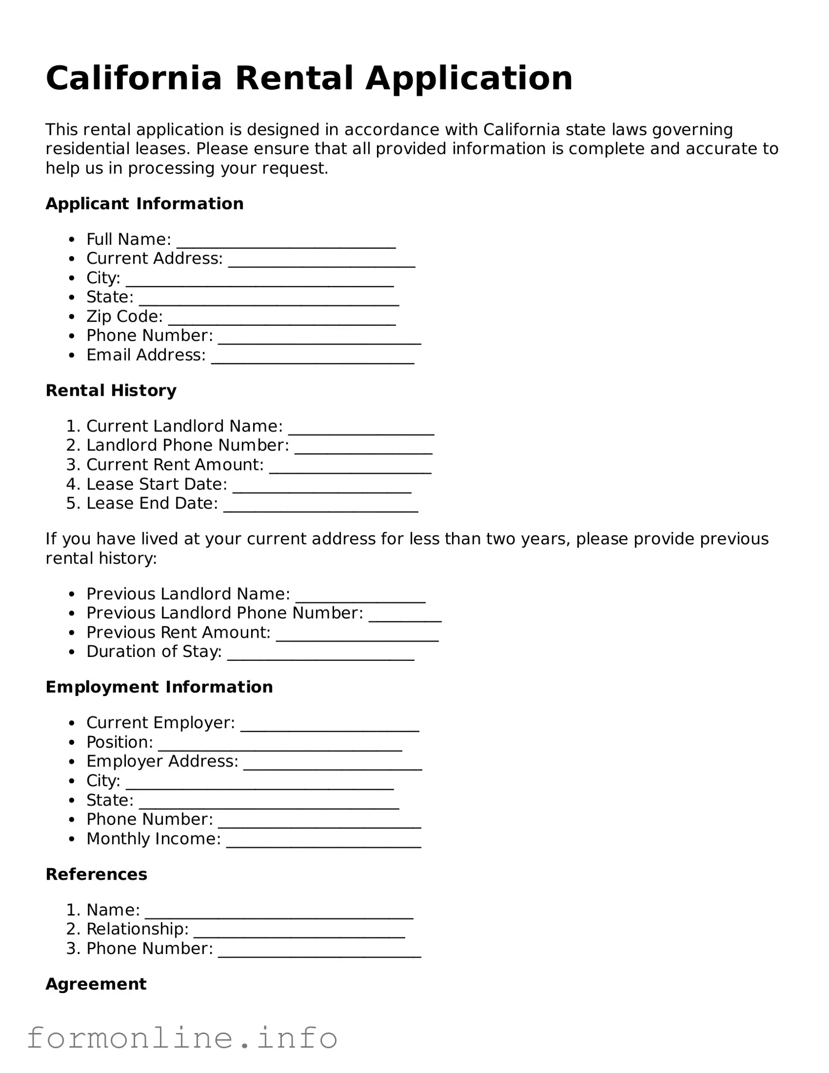 Free Rental Application Template for California State