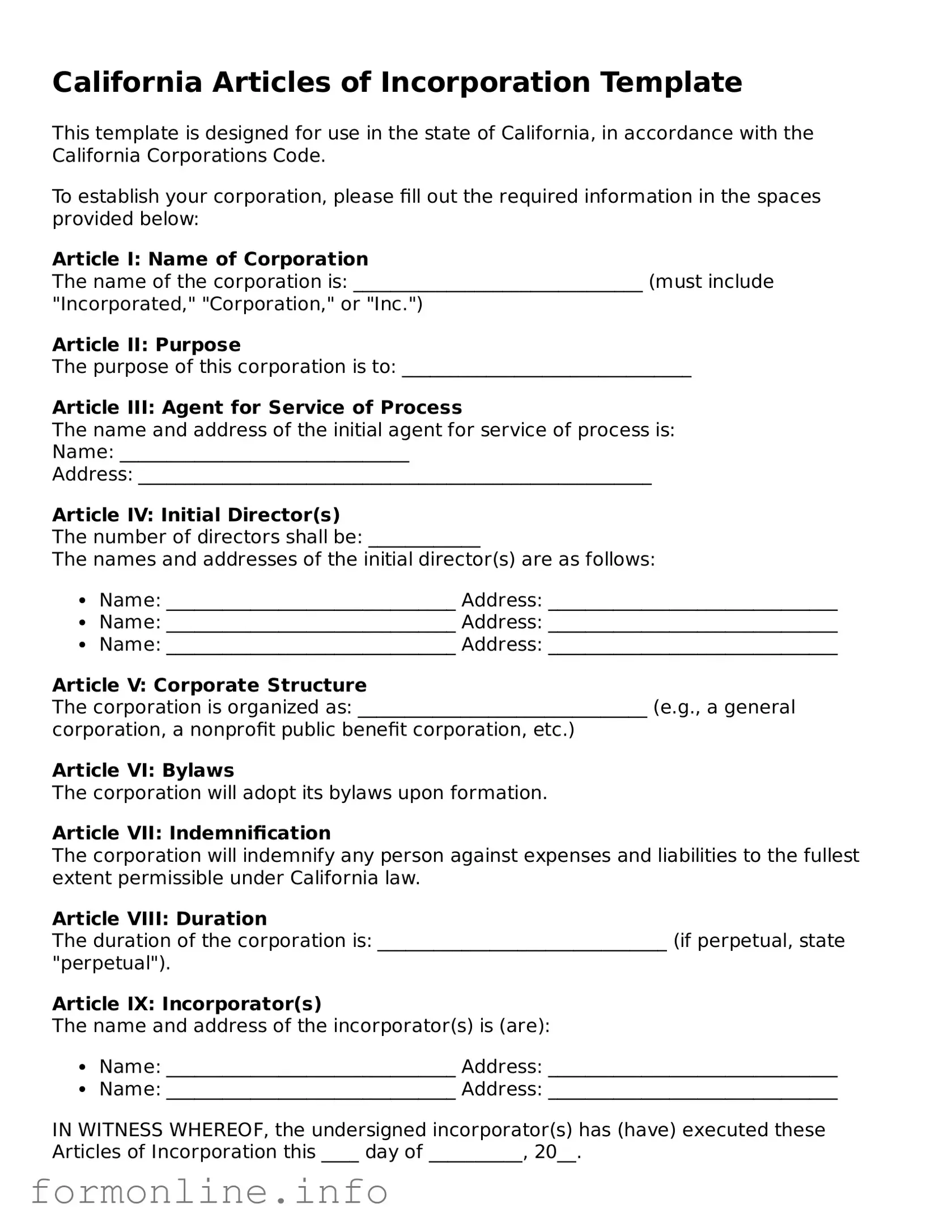 Free Articles of Incorporation Template for California State
