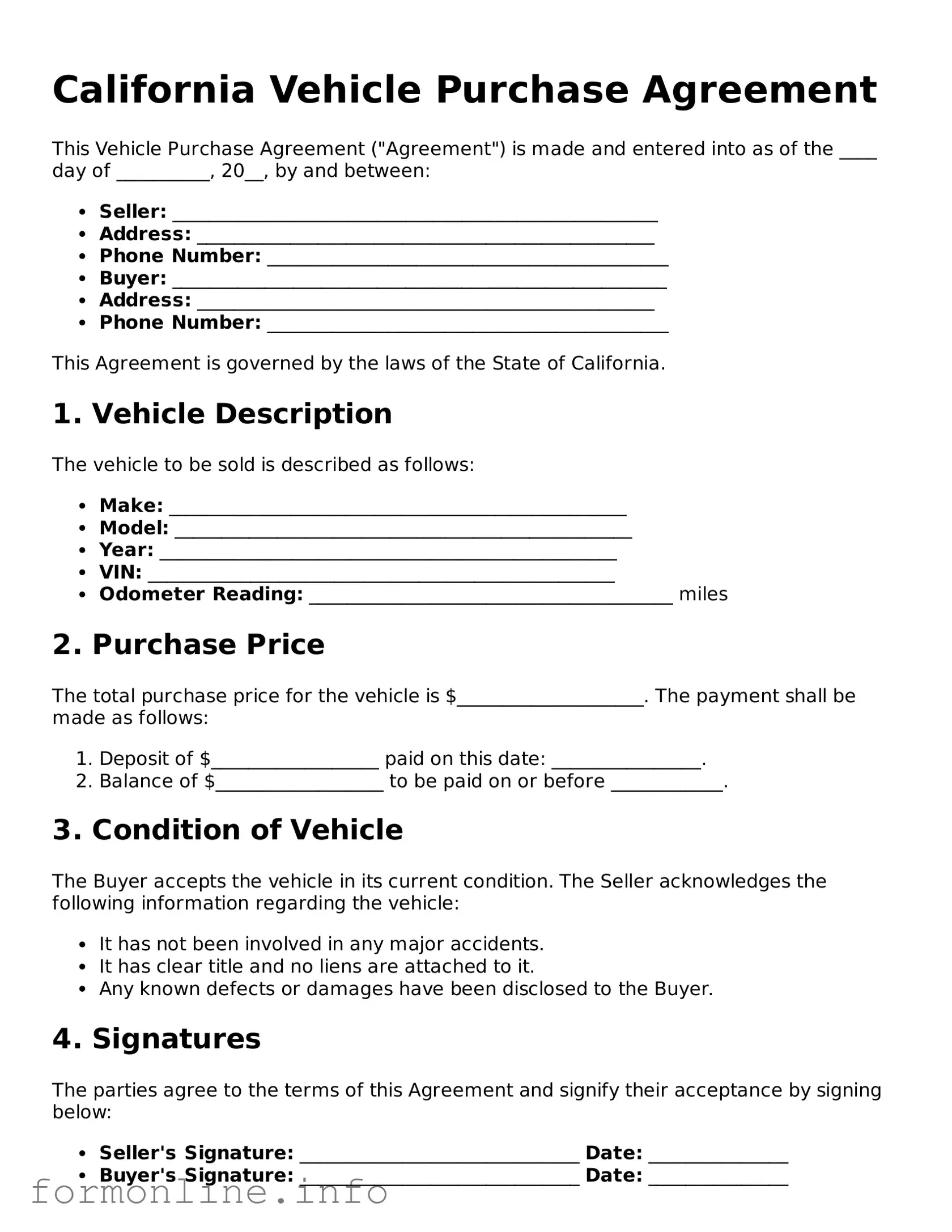 Free Vehicle Purchase Agreement Template for California State
