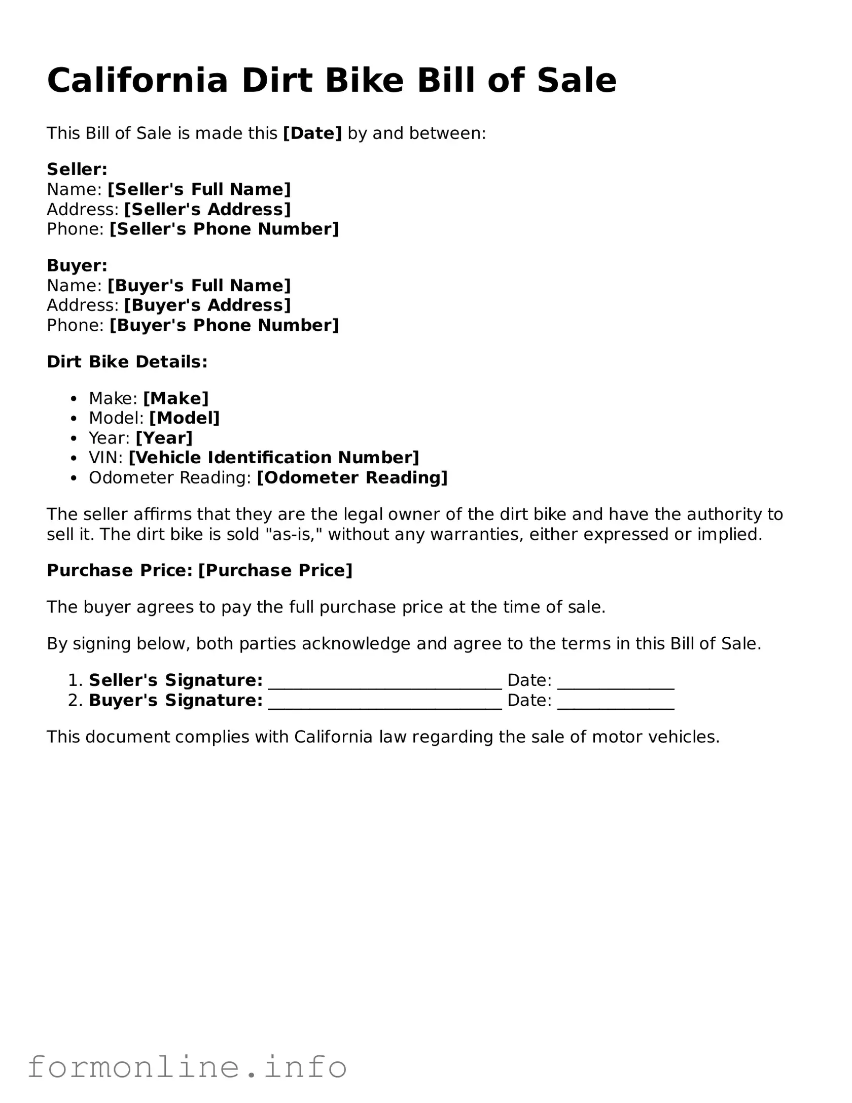 Free Dirt Bike Bill of Sale Template for California State