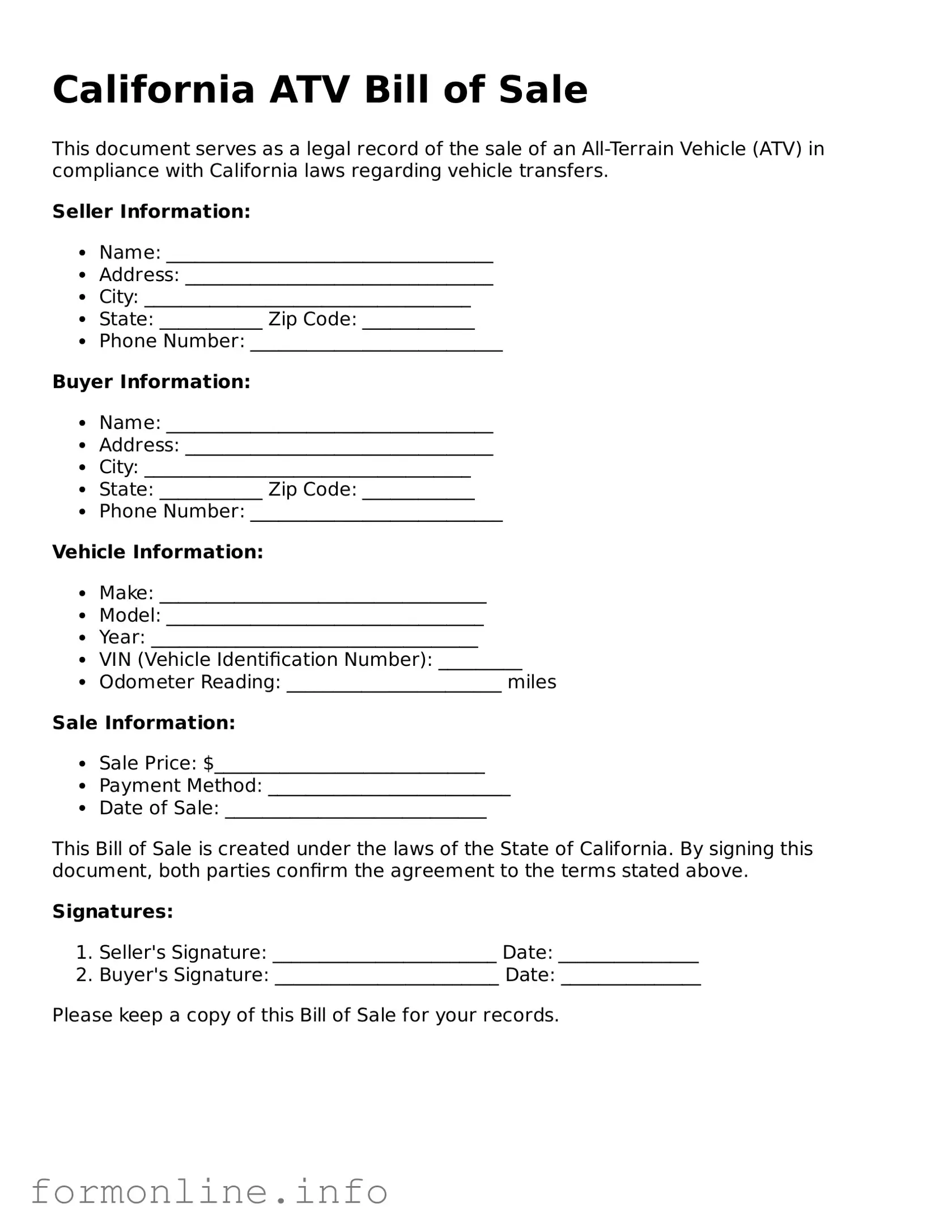 Free ATV Bill of Sale Template for California State