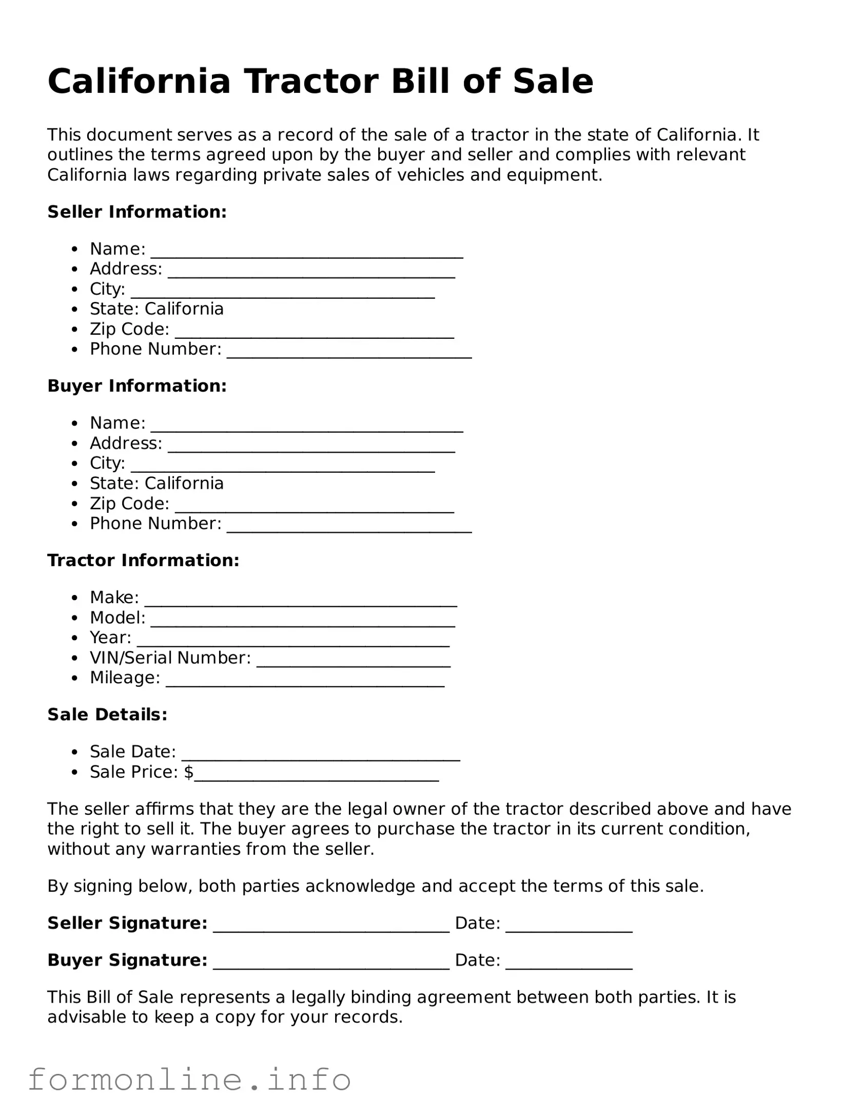 Free Tractor Bill of Sale Template for California State