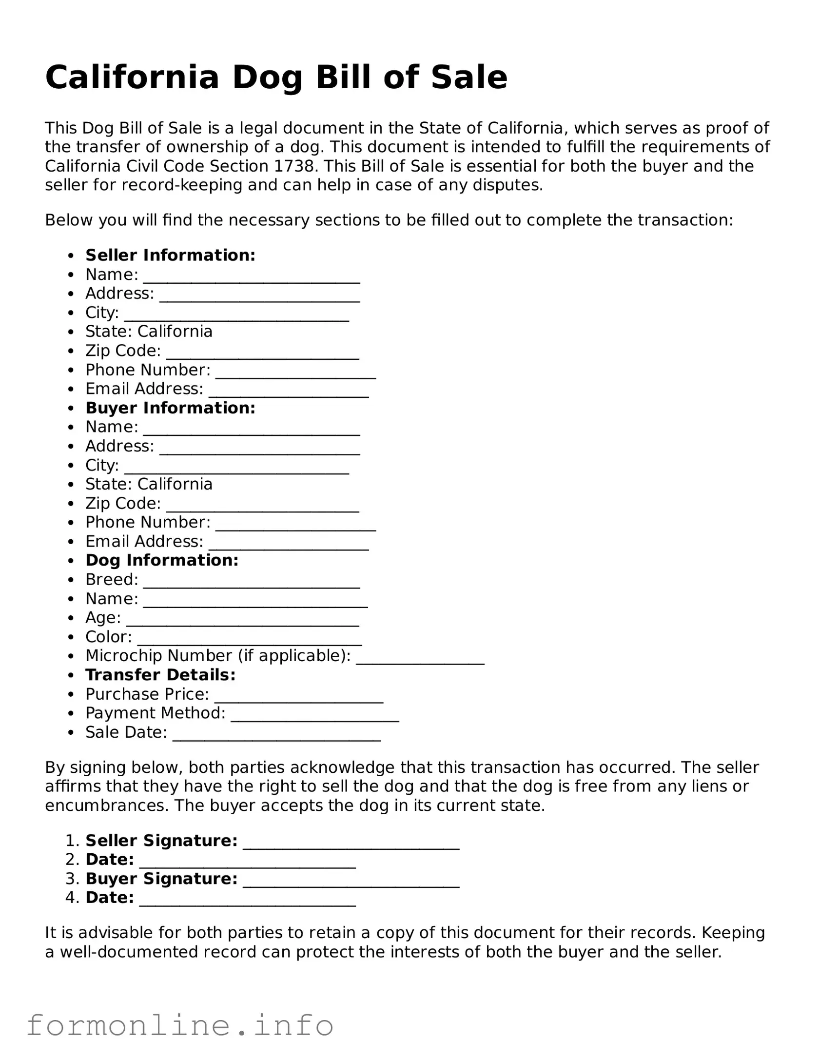 Free Dog Bill of Sale Template for California State