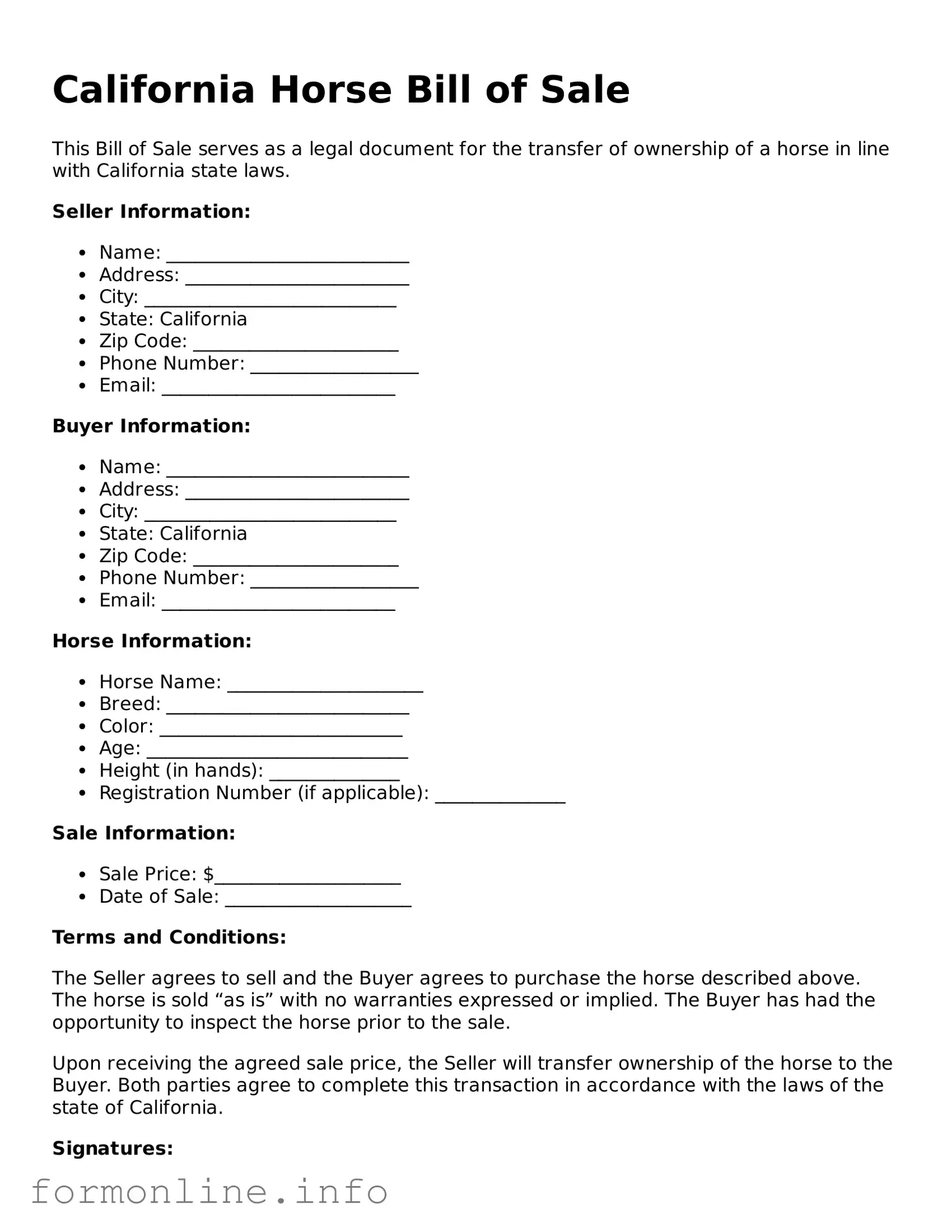Free Horse Bill of Sale Template for California State