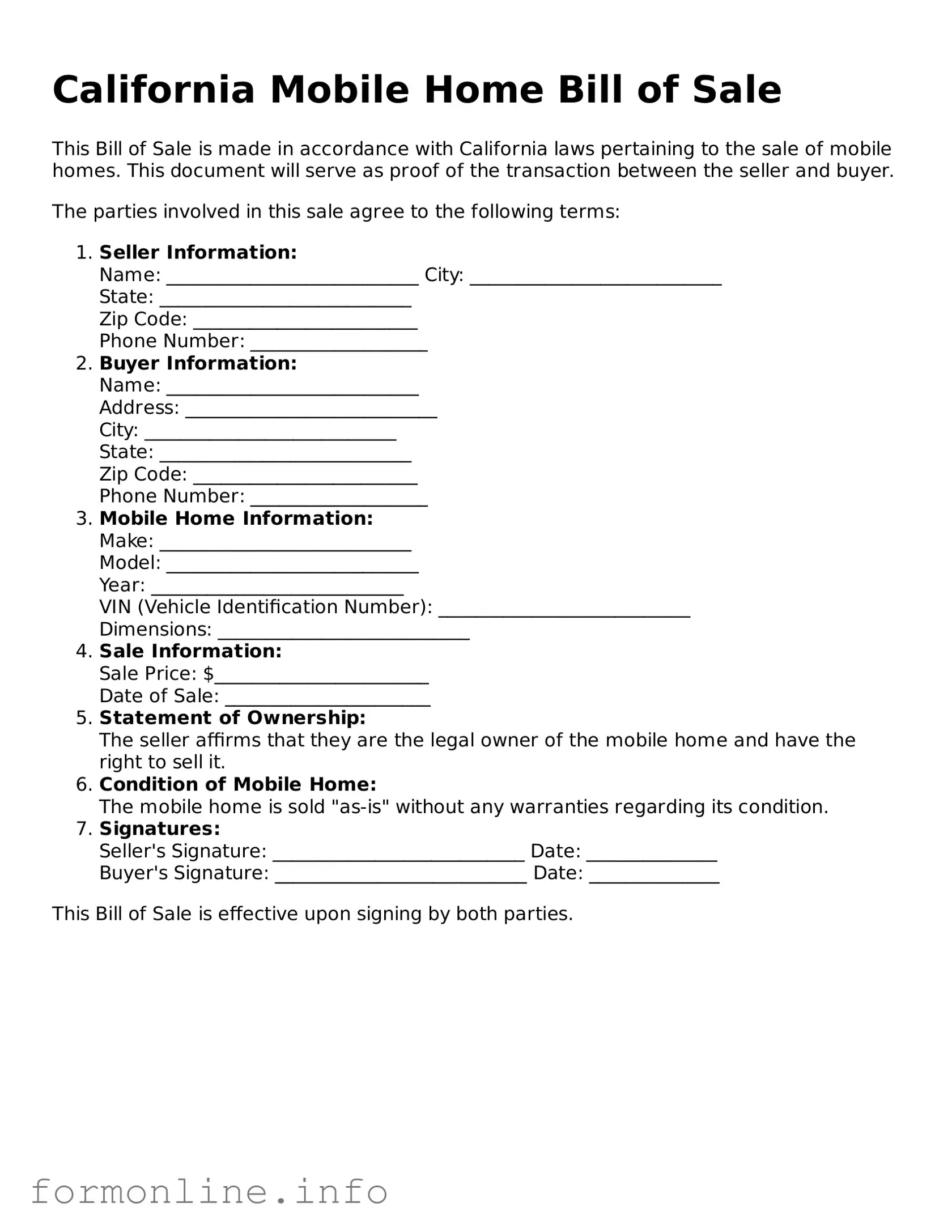 Free Mobile Home Bill of Sale Template for California State