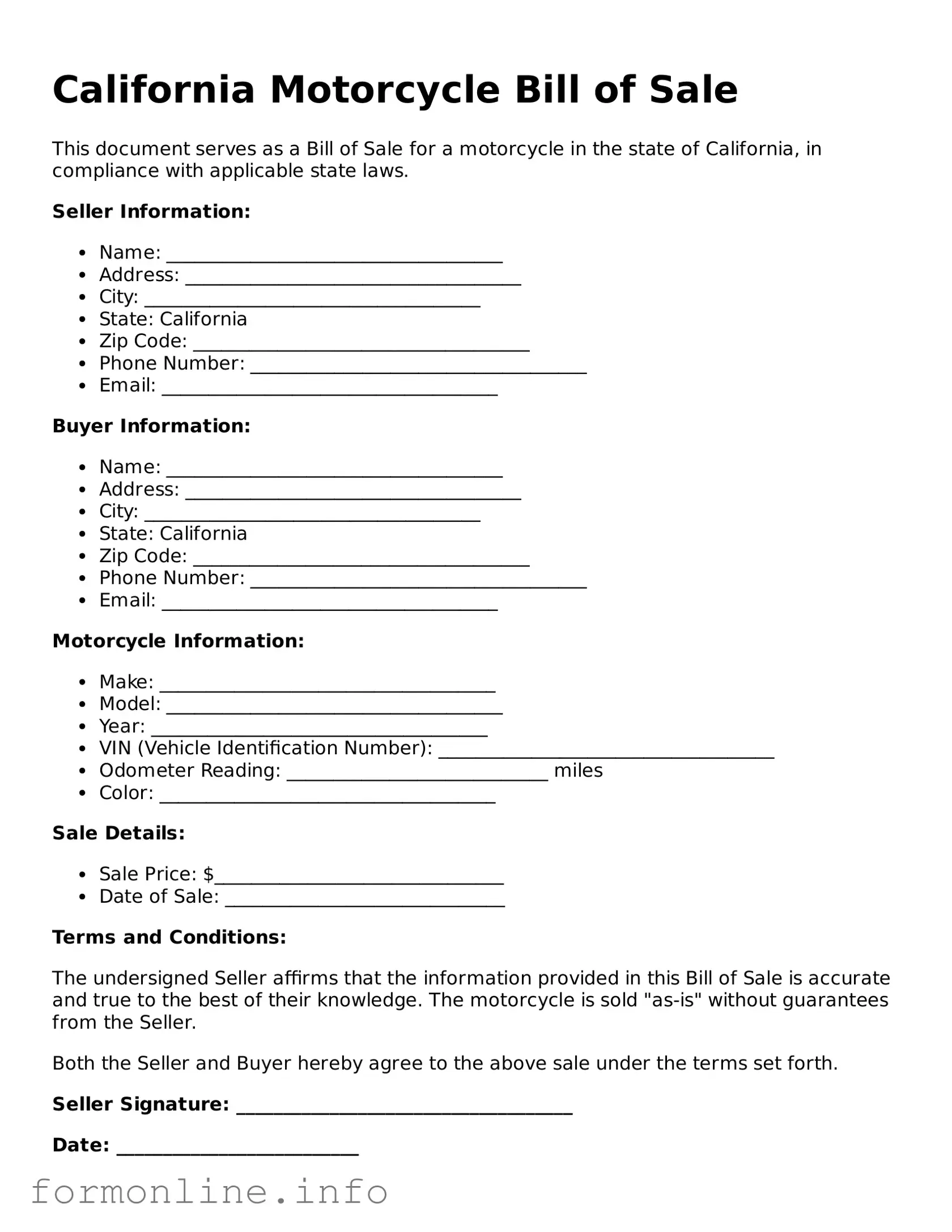 Free Motorcycle Bill of Sale Template for California State