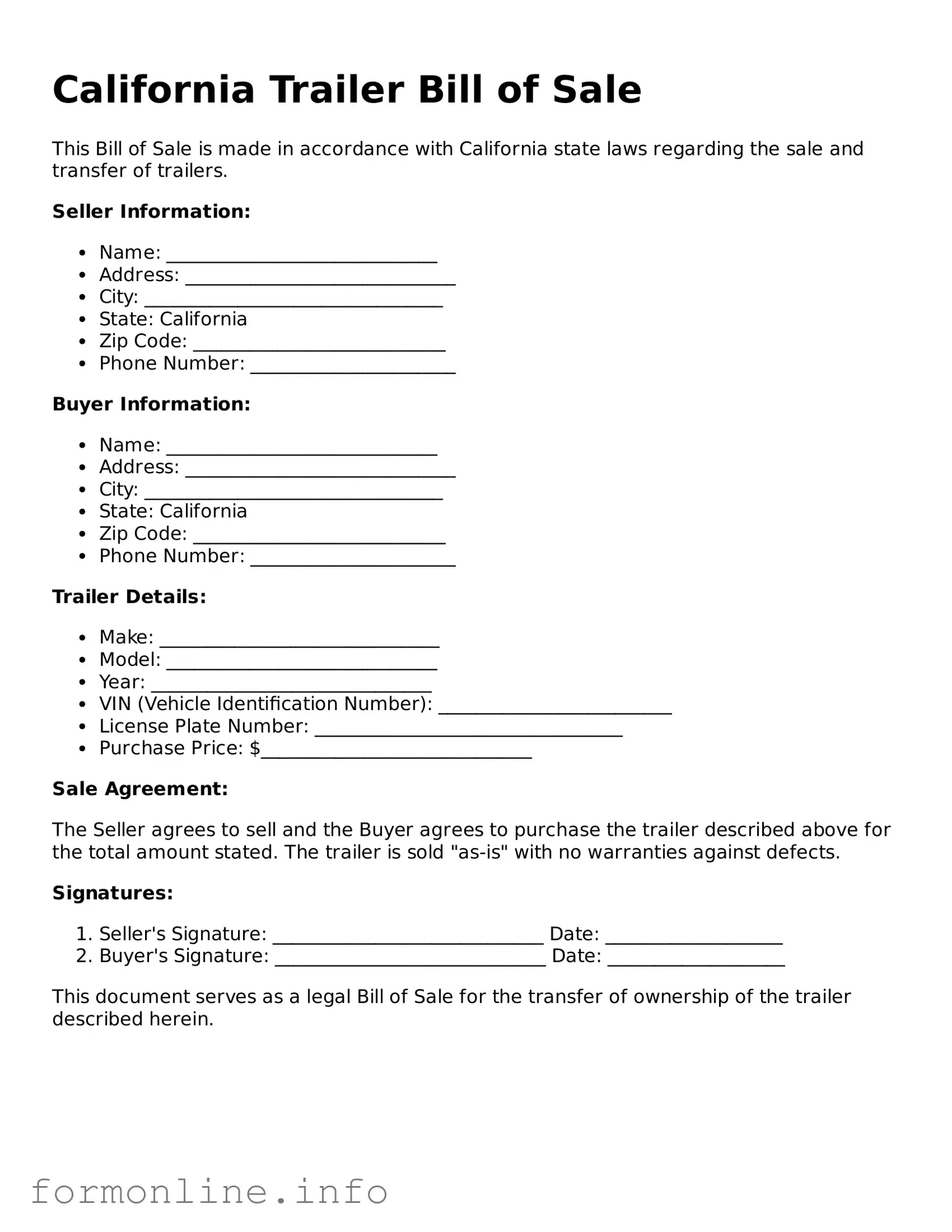 Free Trailer Bill of Sale Template for California State