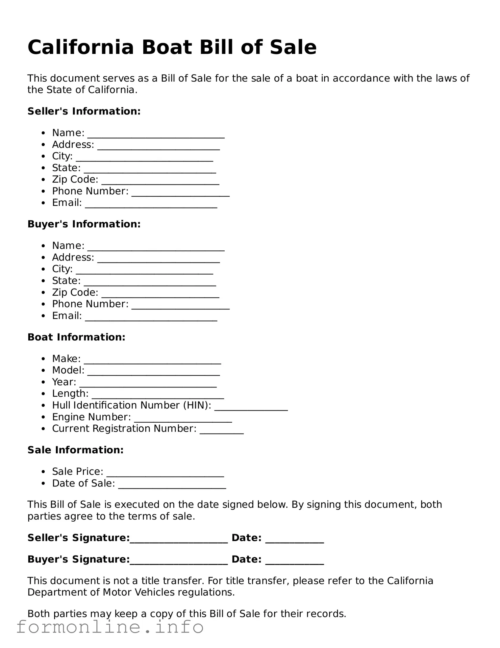 Free Boat Bill of Sale Template for California State