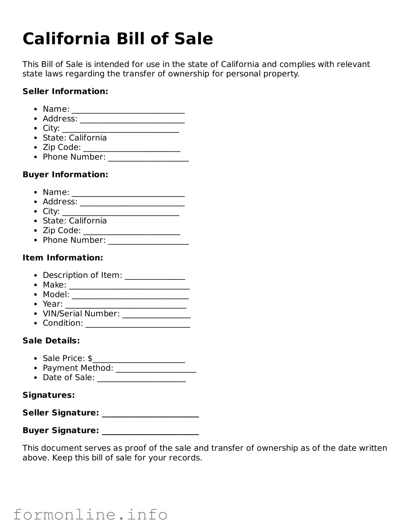 Free Bill of Sale Template for California State