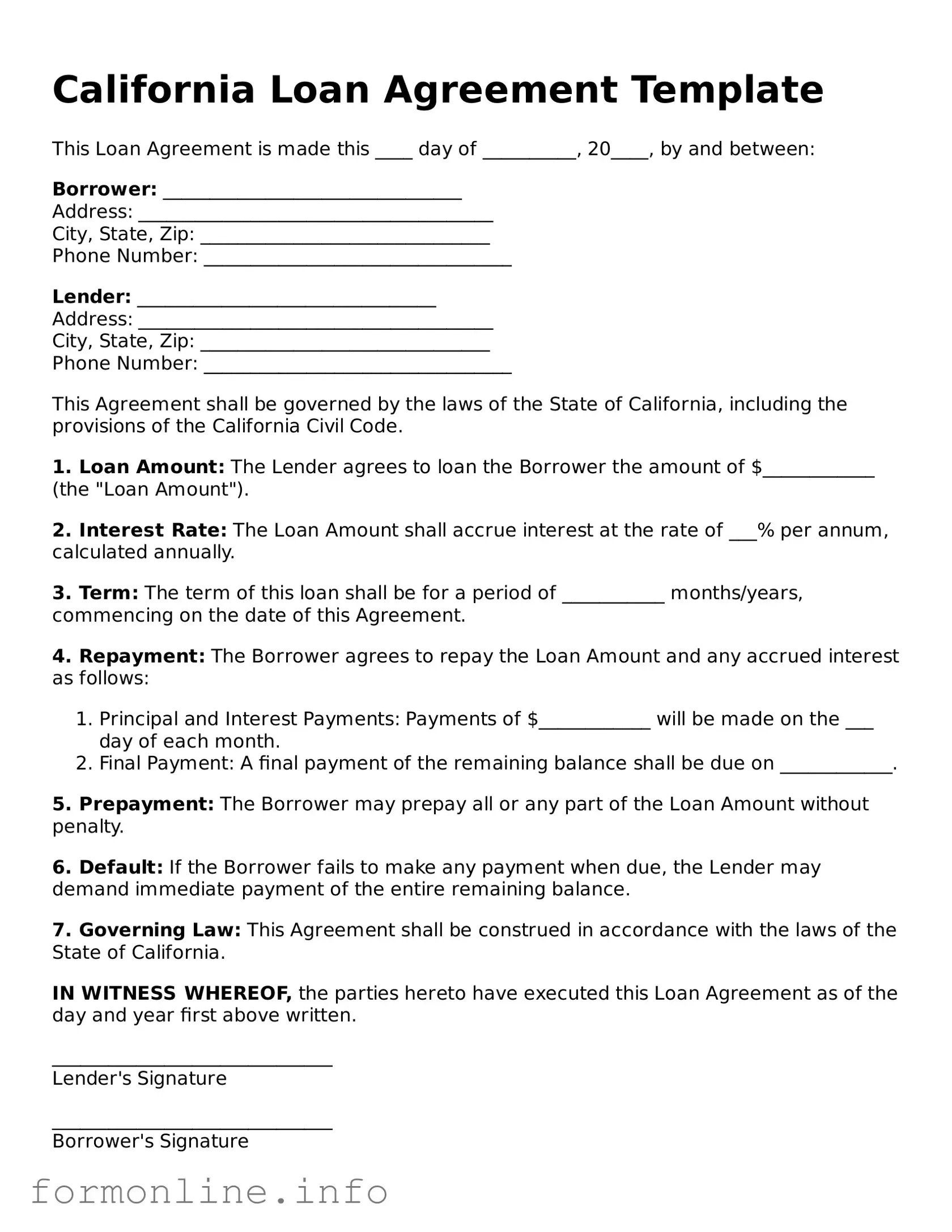 Free Loan Agreement Template for California State