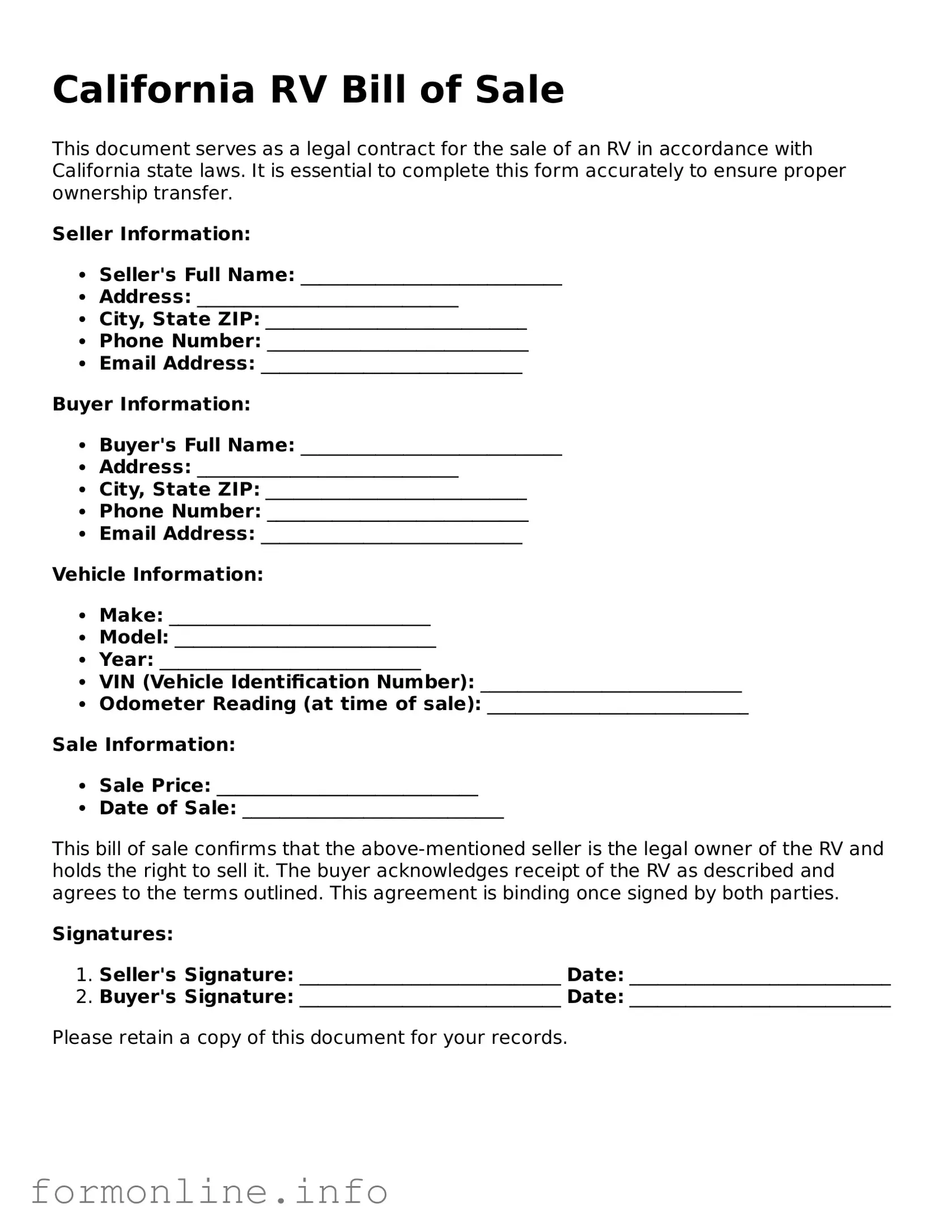 Free RV Bill of Sale Template for California State