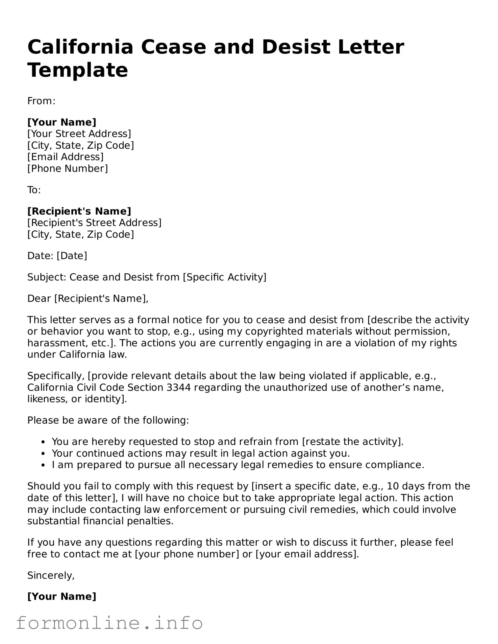 Free Cease and Desist Letter Template for California State
