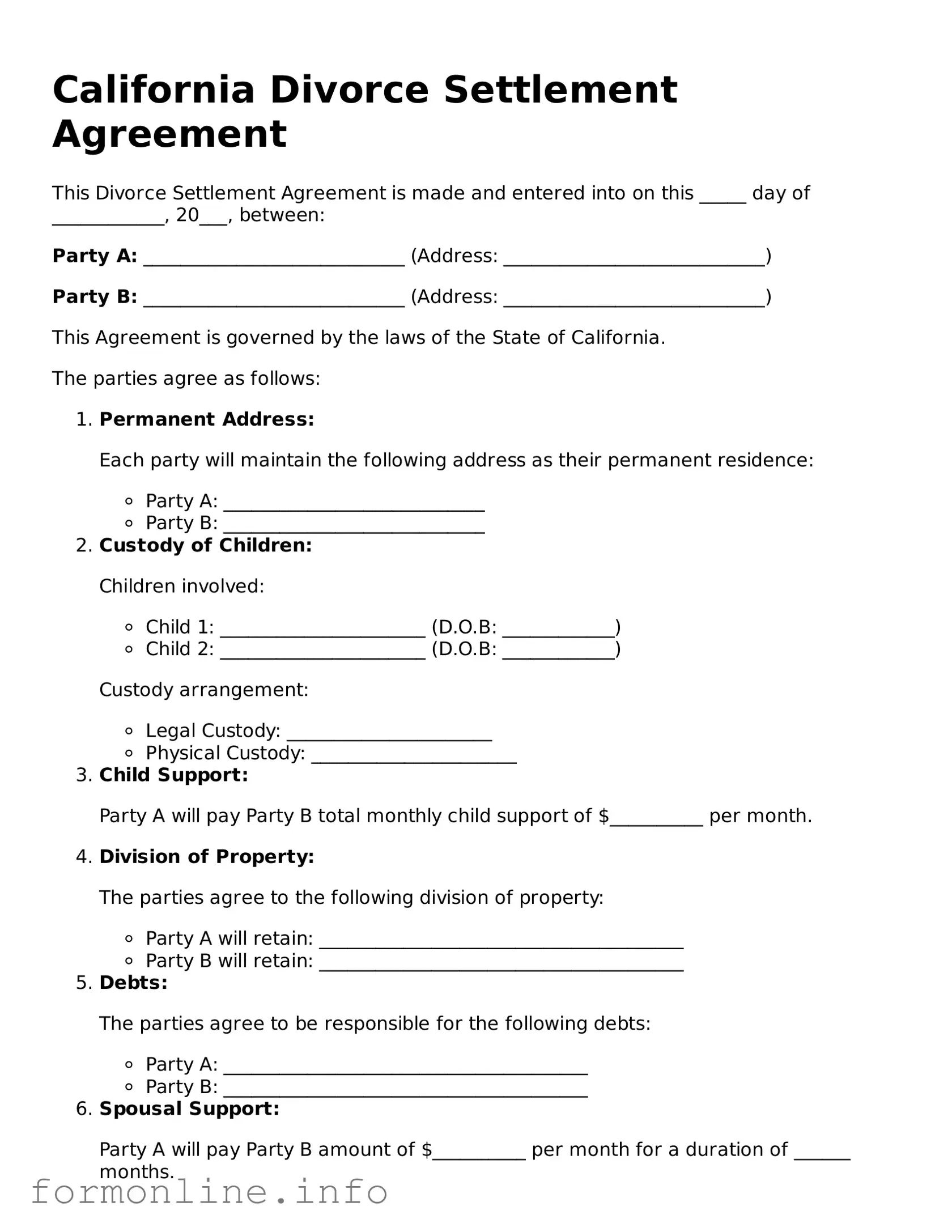 Free Divorce Settlement Agreement Template for California State