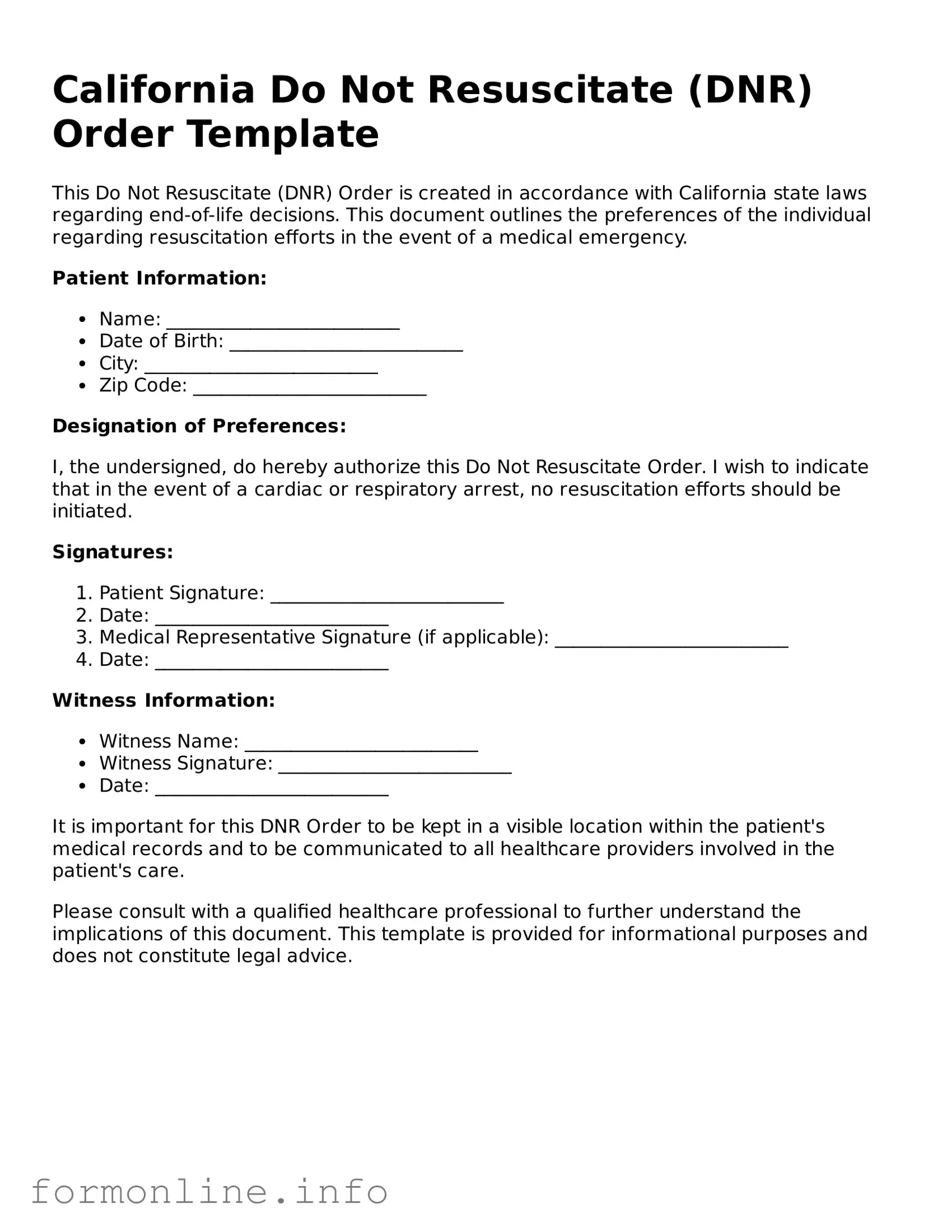 Free Do Not Resuscitate Order Template for California State