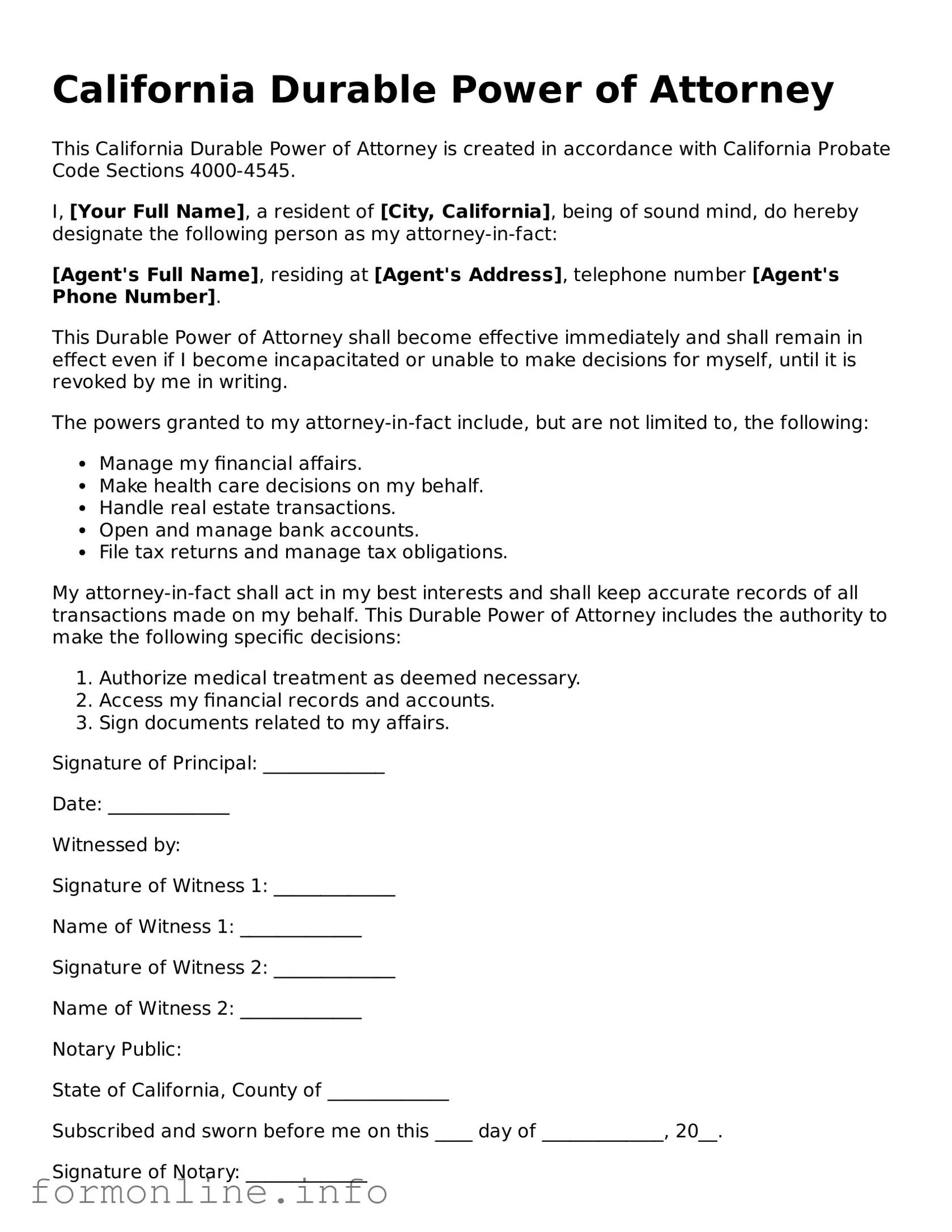 Free Durable Power of Attorney Template for California State