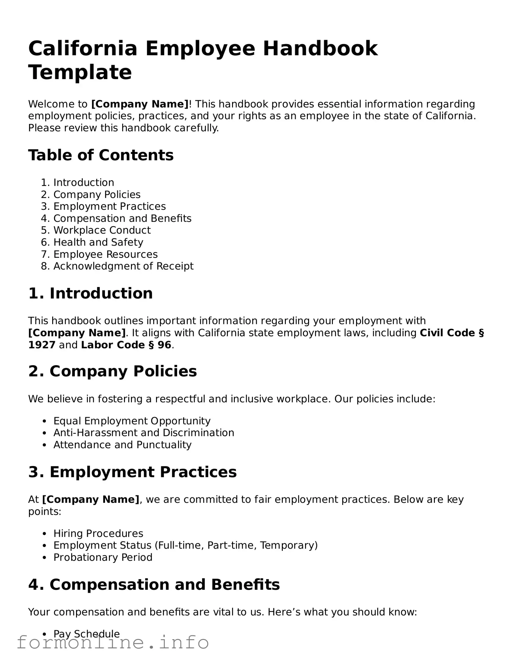 Free Employee Handbook Template for California State