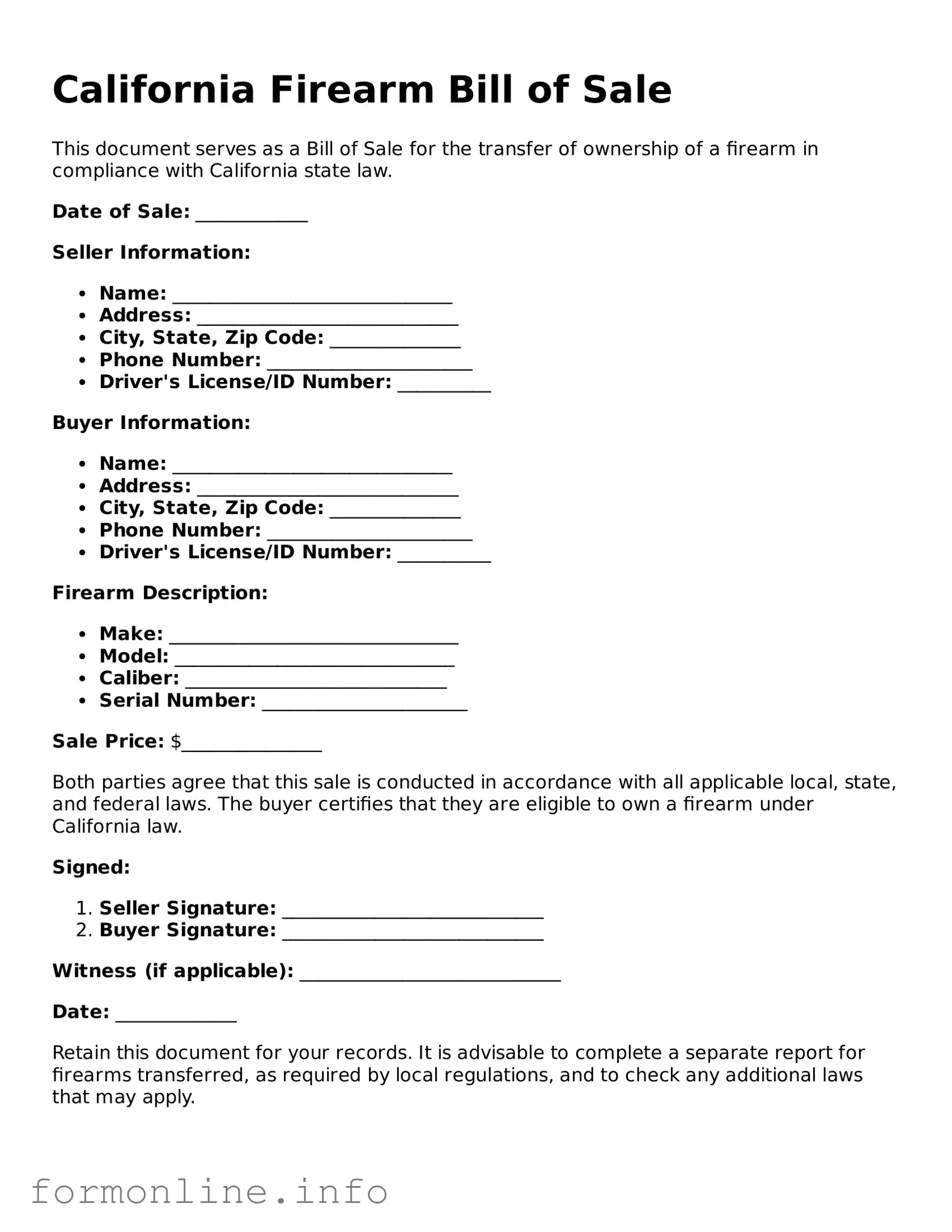 Free Firearm Bill of Sale Template for California State
