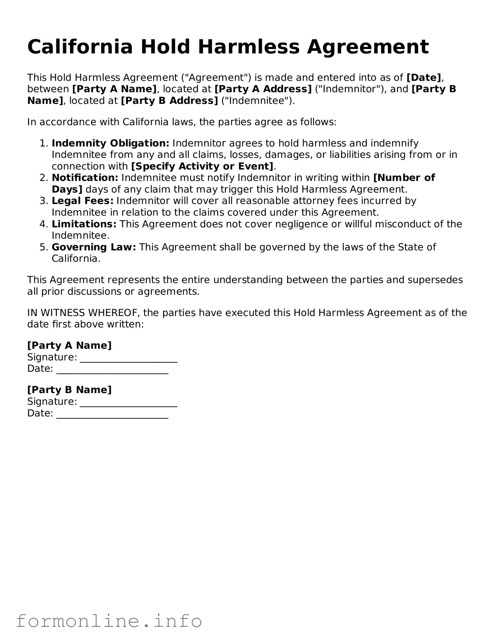 Free Hold Harmless Agreement Template for California State